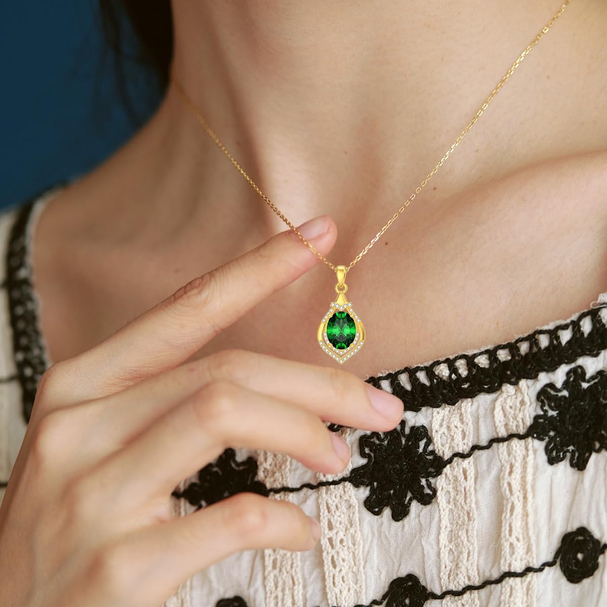 Emerald Necklaces for Women 18K Gold Plated Silver Oval Cut Green Emerald Pendant Necklaces, May Birthstone 18+2"