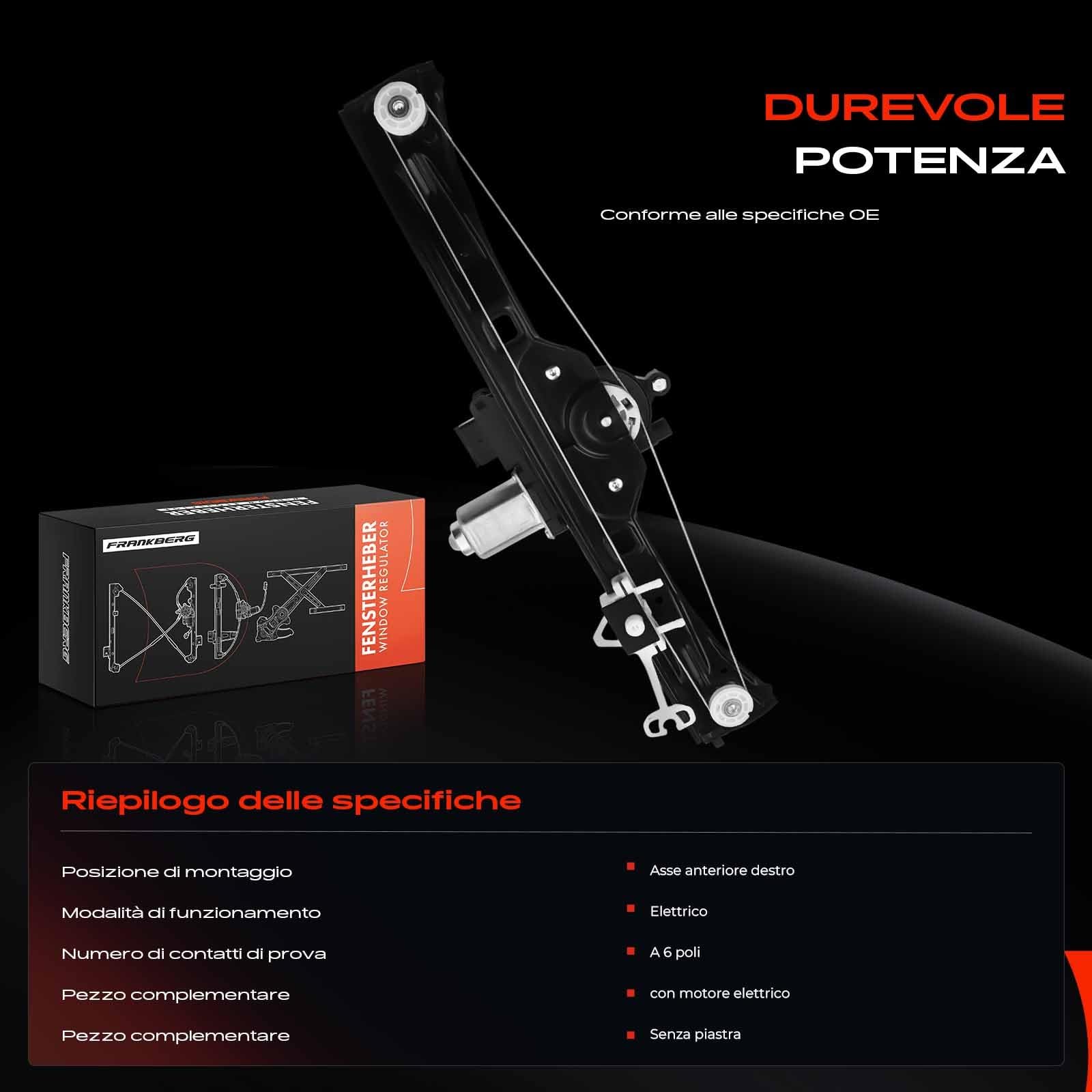 Frankberg Alzacristallo Elettrico con Motore 6 poli Anteriore Destro 4/5-Porte Compatibile Fiorino Furgone/MPV