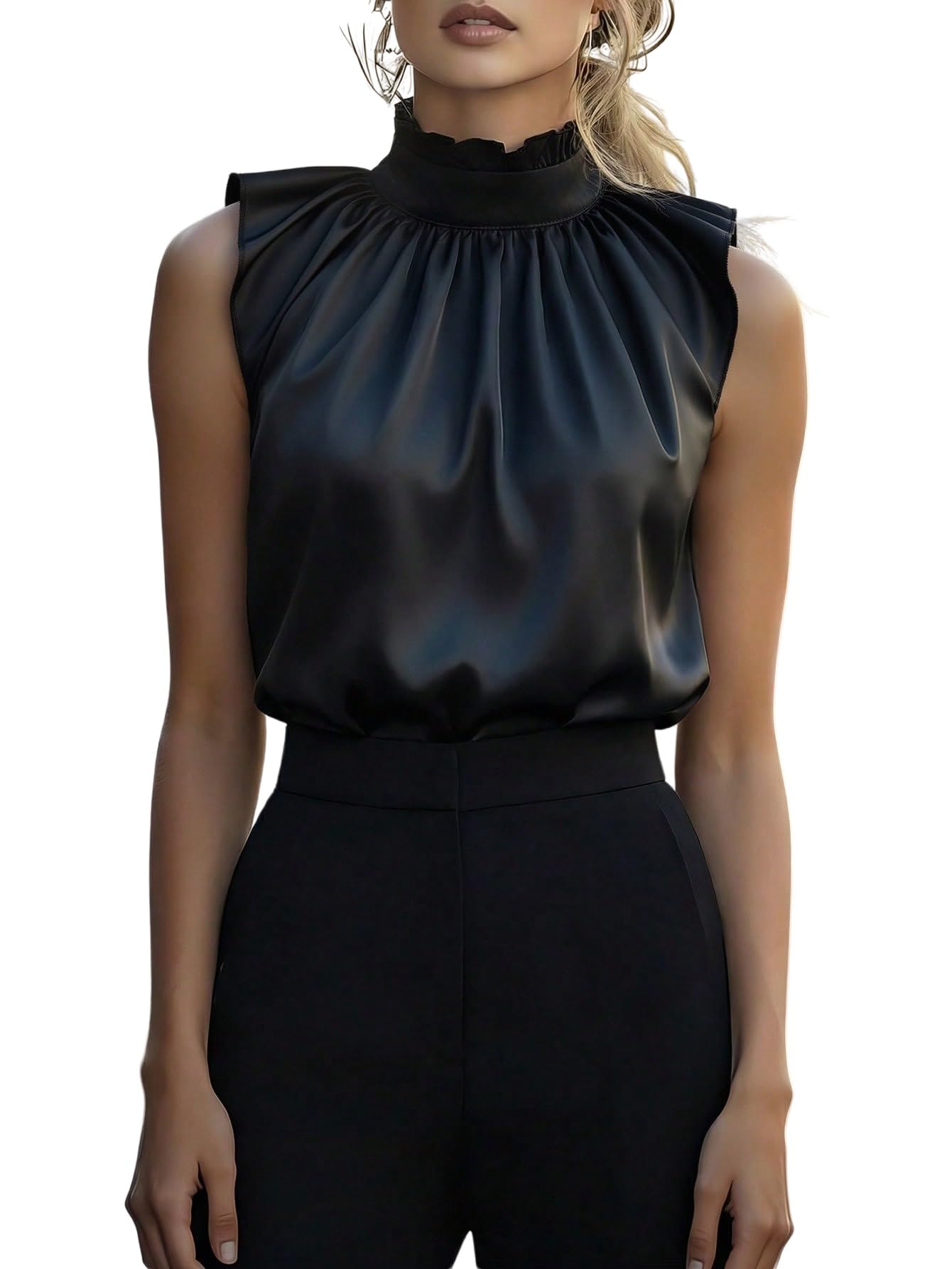 GORGLITTER Blusa elegante de satén para mujer, sin mangas, con ribete de volantes, parte superior de oficina, túnica festiva, cuello alto