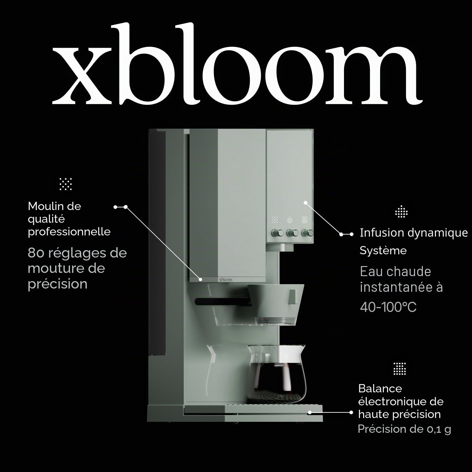 xBloom Studio – Machines à Café Automatiques 3-en-1 avec Broyeur Intégré, Balance et 3 Niveaux d’Automatisation – Cafetière à Grain avec Broyeur et Cafetière Filtre en Sage Green 220-240 V