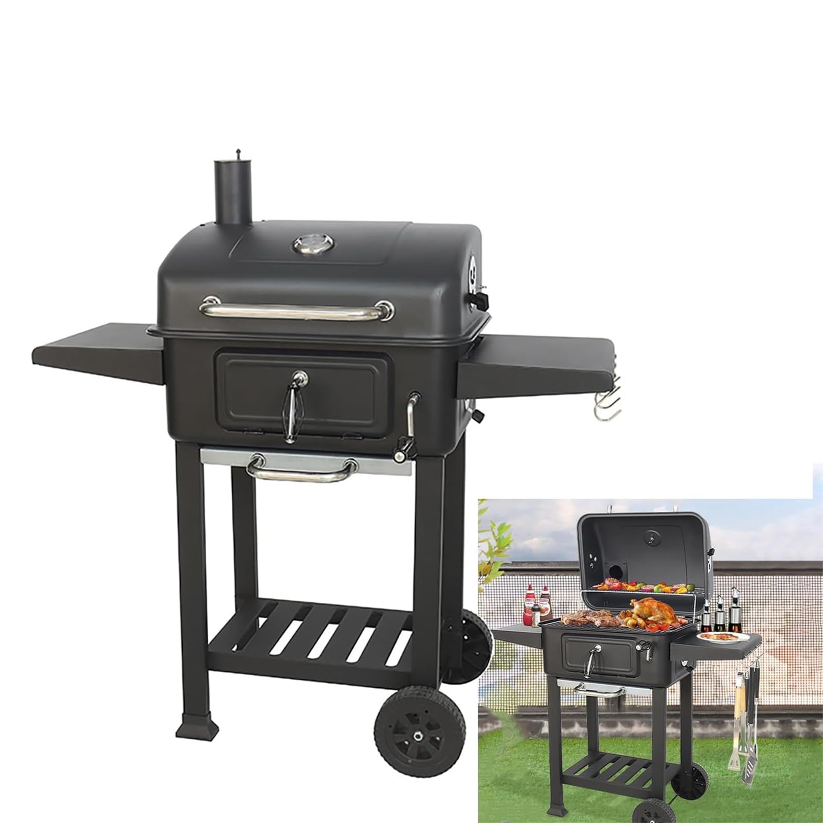 Przenośny grill na węgiel drzewny z kółkami, składany stolik pomocniczy, termometr wizualny, regulowany otwór wentylacyjny, umywalka na węgiel drzewny, do gotowania na świeżym powietrzu