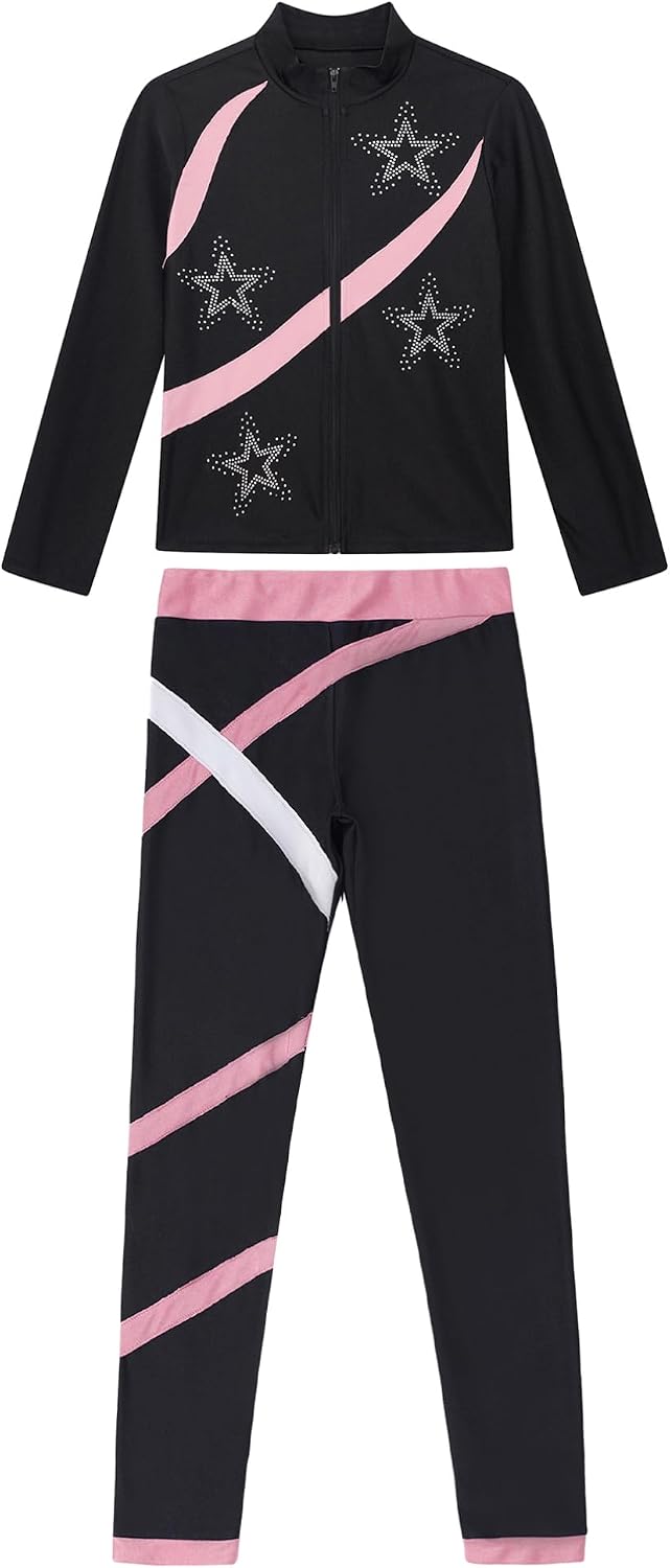 Agoky Girls Figure Skating Training Tracksuit Shiny Ice Skating Jacket Outerwear with Practice Legging Skating Pants Set