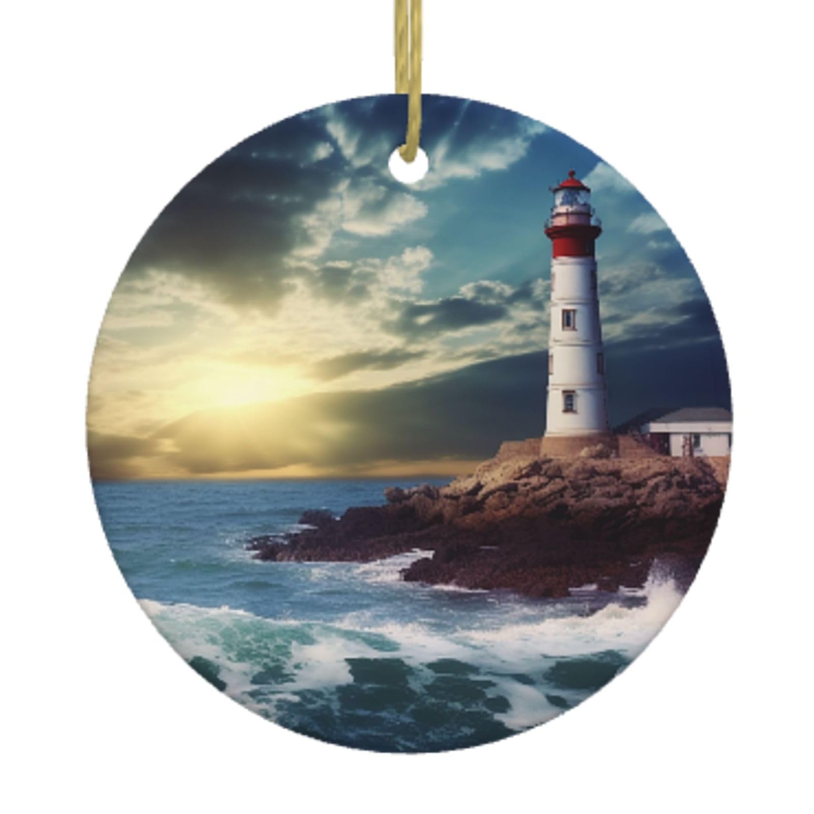 Ceramic Christmas Tree Hanging Ornaments with Gold Ropes Christmas Tree Decorations Round Ceramic Lighthouse Seaside Pendant Keepsake Decorations for Holiday Xmas Gift Ideas
