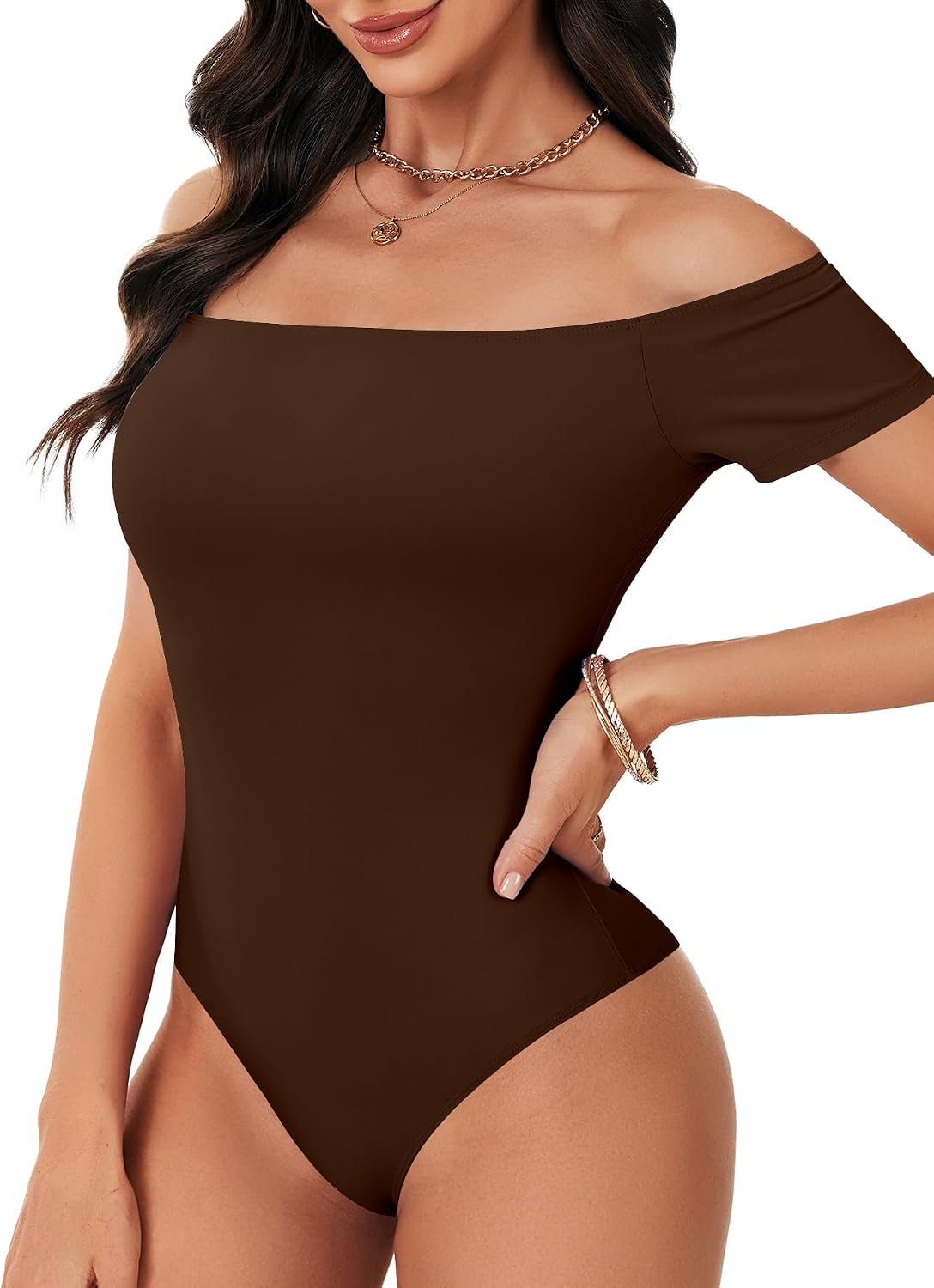Rooscier Women's Sexy Off The Shoulder Short Sleeve Bodysuit Basic Double Lined Thong Body Suit Tops