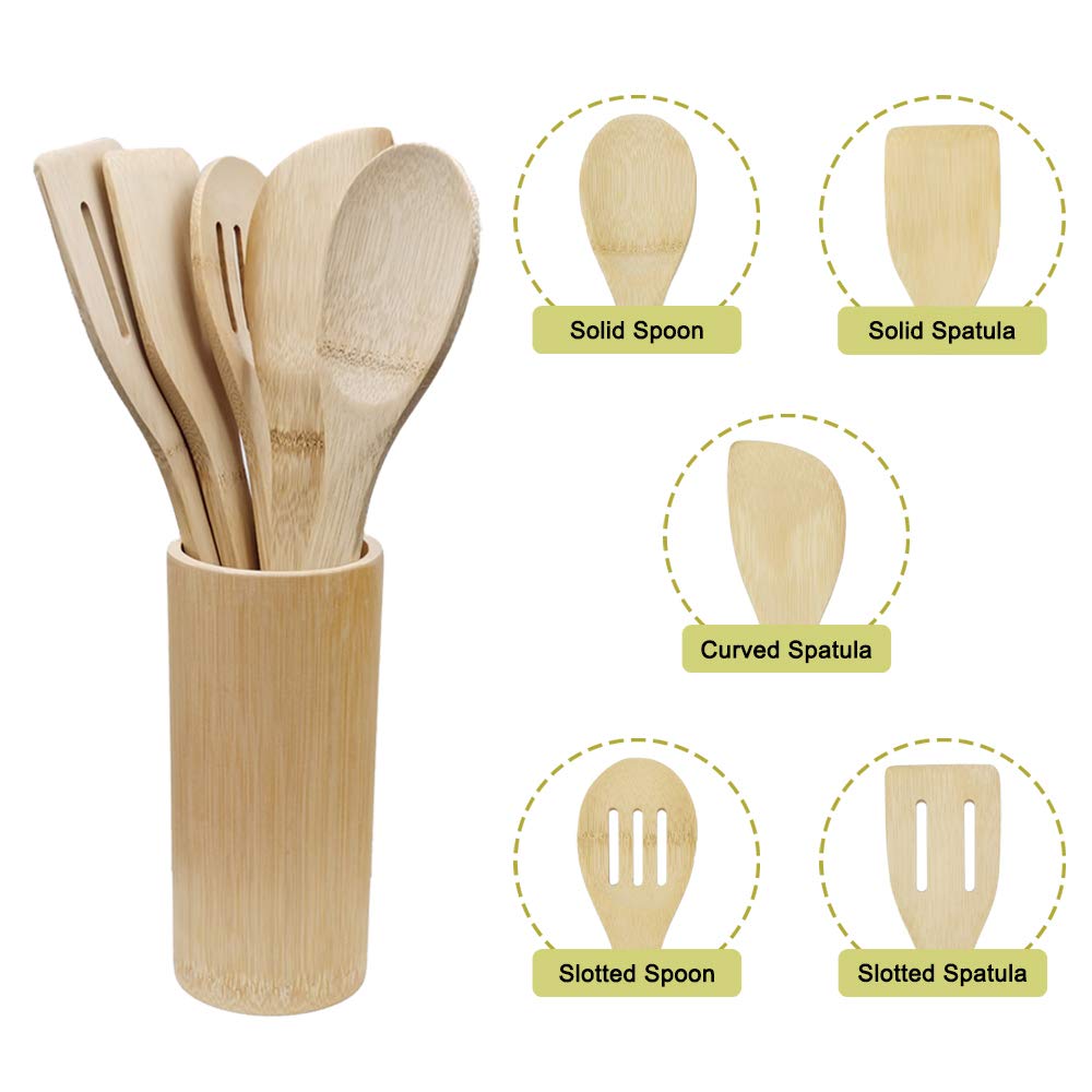 Personalized 5 Pieces Bamboo Cooking Utensil Set With Holder, Custom Engraved Wooden Kitchen Utensils Spatula & Spoon for Nonstick Cookware and Wok, Perfect Gifts (Spoons and Spatula with Holder)