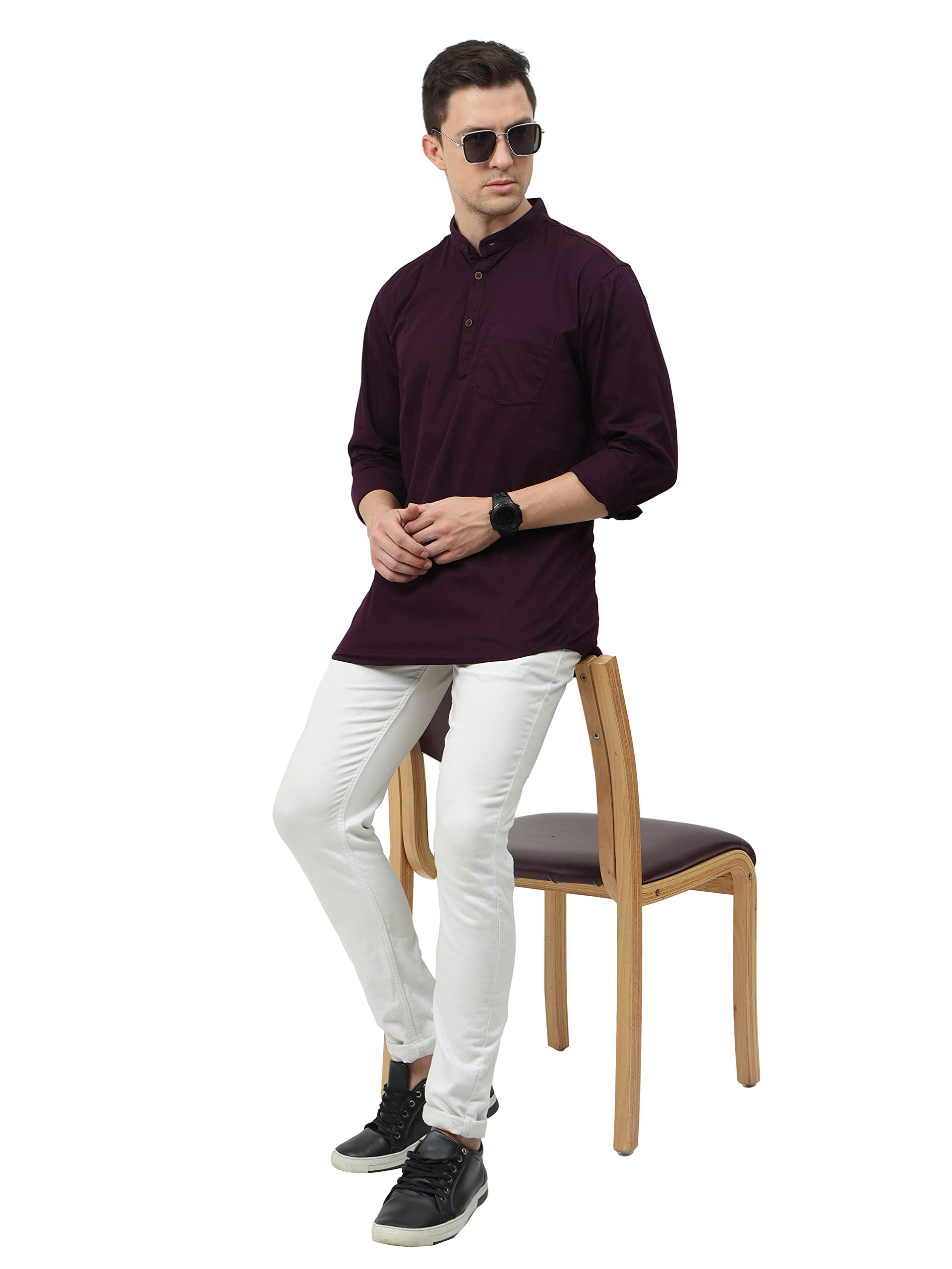 Miraan Men's Casual Cotton Short Kurta Shirt with Mandarin Collar (SIGSHORTKURTAPURPLEXL_Purple_X-Large), Regular Fit - Image 5 thumbnail