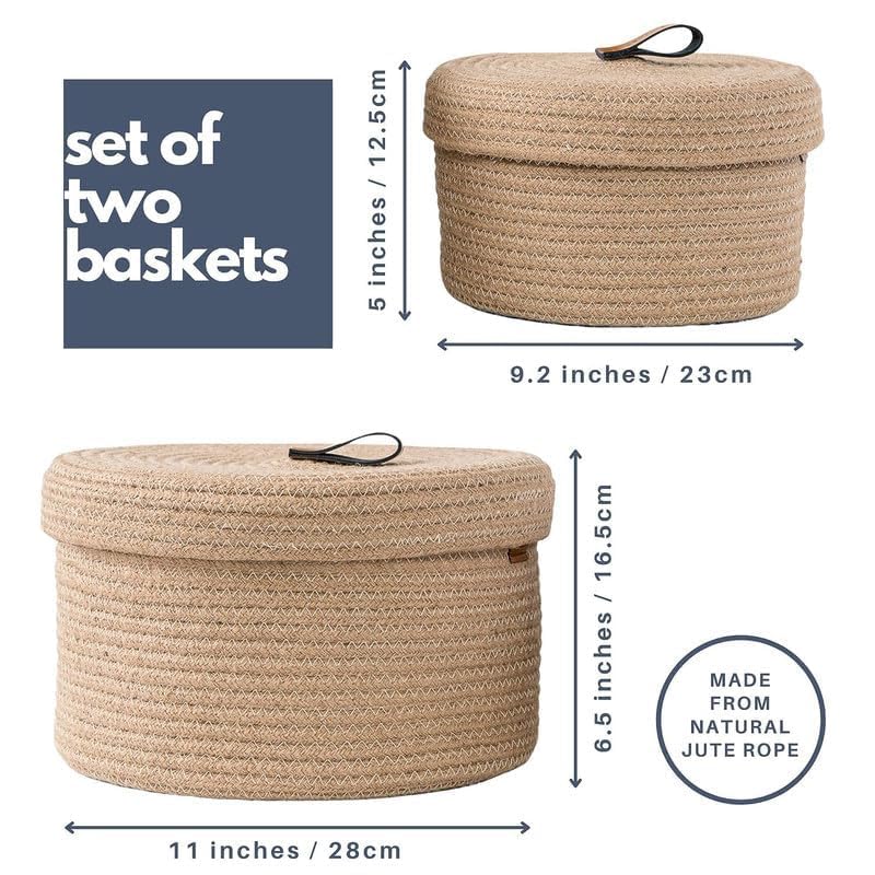 Image of [Set of 2-9.5x5 inch & 11x6.5 inch, Round, Beige] Handwoven Soft Jute Cotton Basket with Lid | Eco-Friendly, Naturally Reshapes After Filling | Ideal for Organization & Gift Hampers