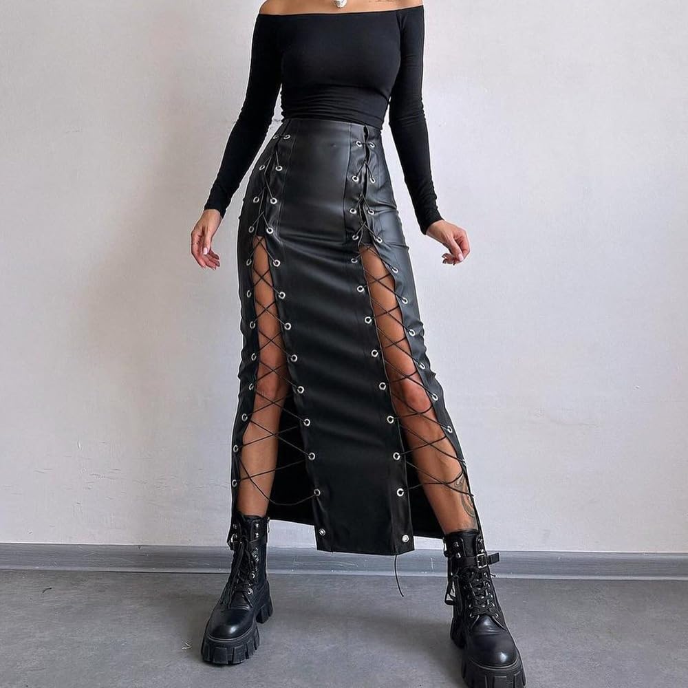 Gonne in Pelle da Donna, Gonna da Donna in Pelle PU Elasticizzata al Ginocchio con Lacci sul Retro. Gonne in Pelle con Fasciatura con Cerniera e Lacci(Black,M)