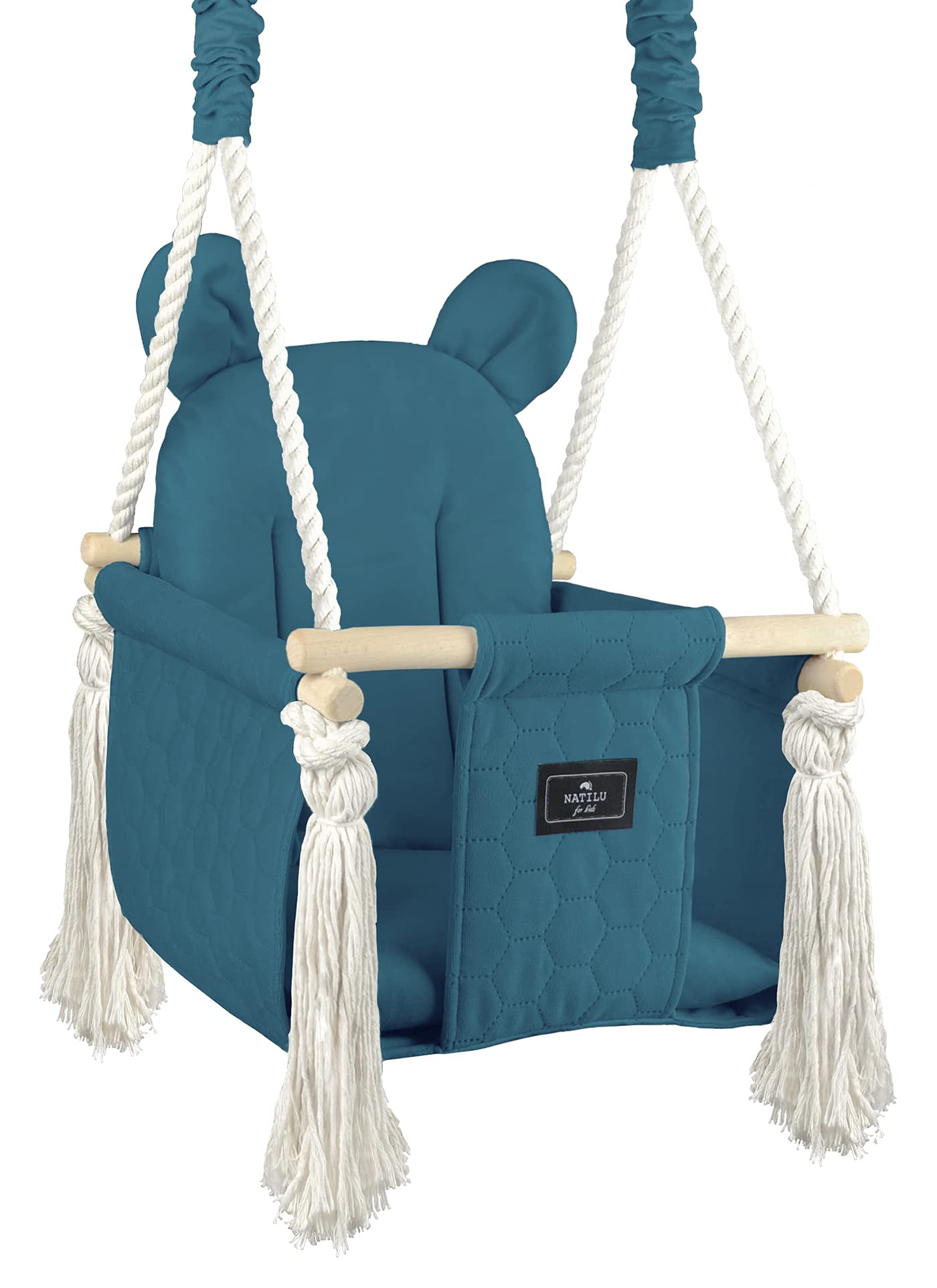 NATILU® Baby Swing Set Indoor Outdoor | Bear Quilted Peacok | Swing | Children's Swing | Nursery Swing | Toddler Swing | Wooden Swing | Swing Seat | Swing from 6 Months + for Home, Garden