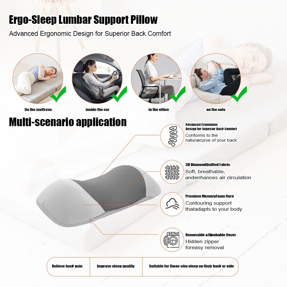 Cuscino lombare in memory foam per letto, cuscino ergonomico per la schiena e supporto lombare, comodo cuscino di supporto per la schiena per alleviare la pressione, cuscino per la schiena per letto
