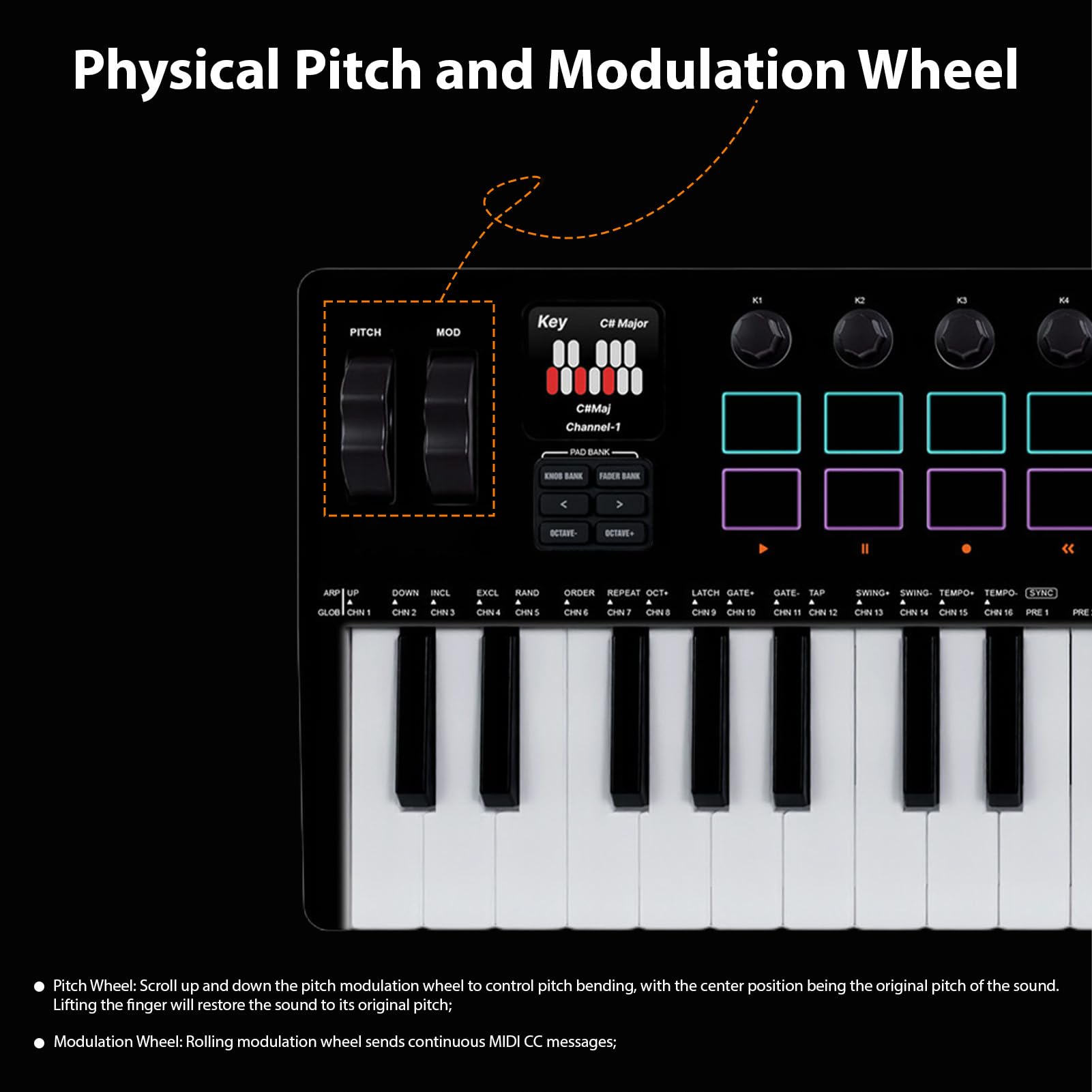 Asixxsix Controlador de teclado MIDI de 37 teclas, 16 pads de batería retroiluminados RGB, teclado dinámico profesional Bluetooth, 8 perillas y producción musical para producción