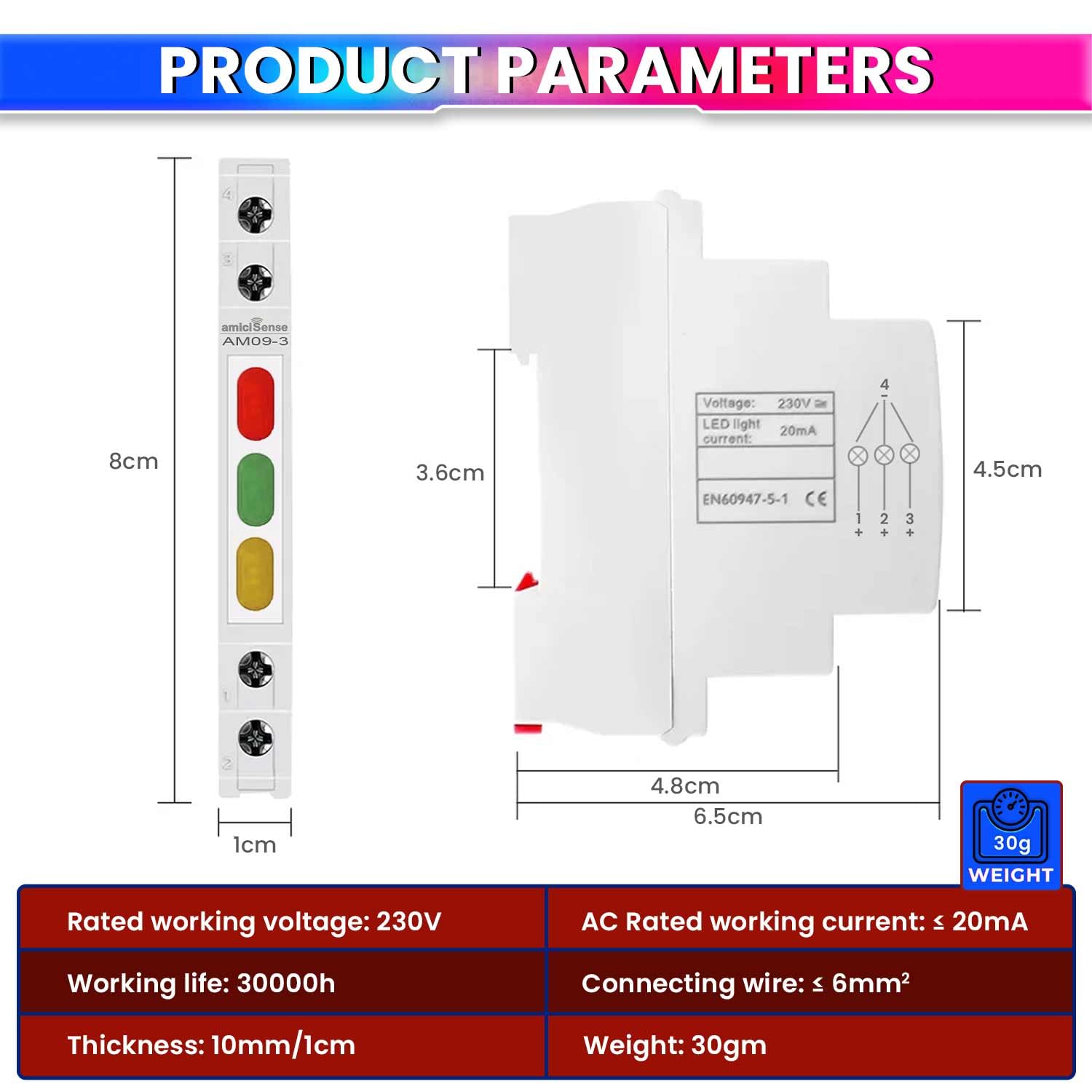 amiciSense 3-Phase Indicator with Red, Green, and Yellow LED Lights – Only 1 cm Wide Reliable Phase Detection for 230VAC Systems, Din Rail Mount Panel Indicator - Image 6 thumbnail