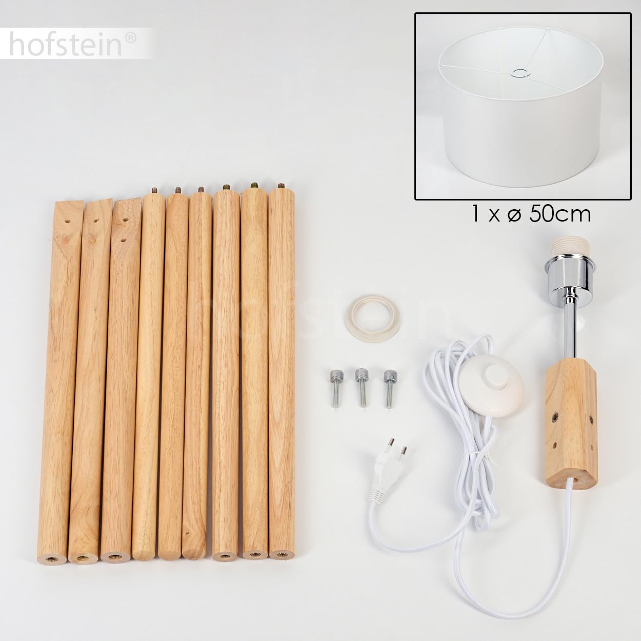 Stehleuchte Flemming, Stehlampe aus Holz/Stoff in Naturfarben/Weiß, Leuchte im skandinavischen Design mit rundem Schirm (Ø 50 cm) u. Fußschalter, Höhe 162 cm, 1 x E27, ohne Leuchtmittel