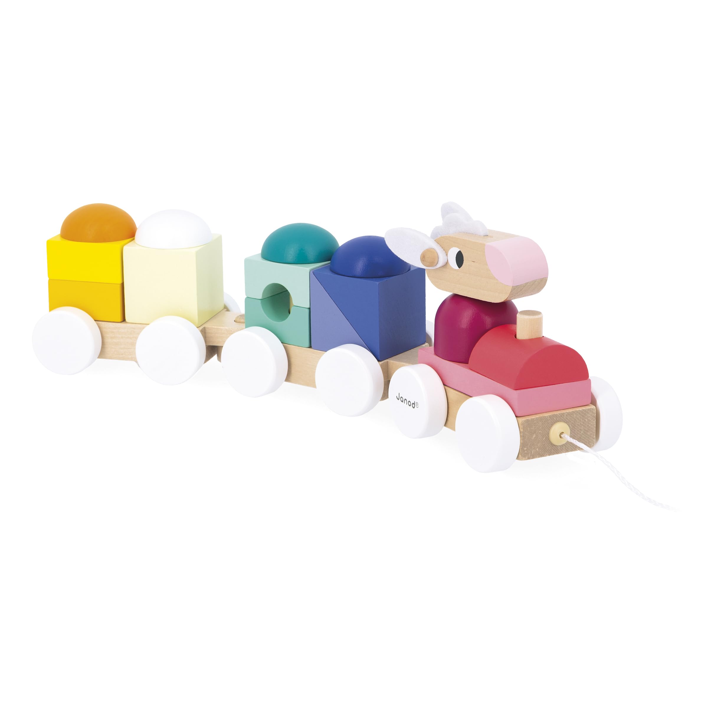 Janod - Train en Bois à Tirer Mouton - 2 Wagons et 15 Pièces - Jouet d'éveil 2-​en-​1 Train et Jeu de Construction - Bois FSC et Peinture à l'eau - Développer la Motricité Fine - Dès 12 Mois