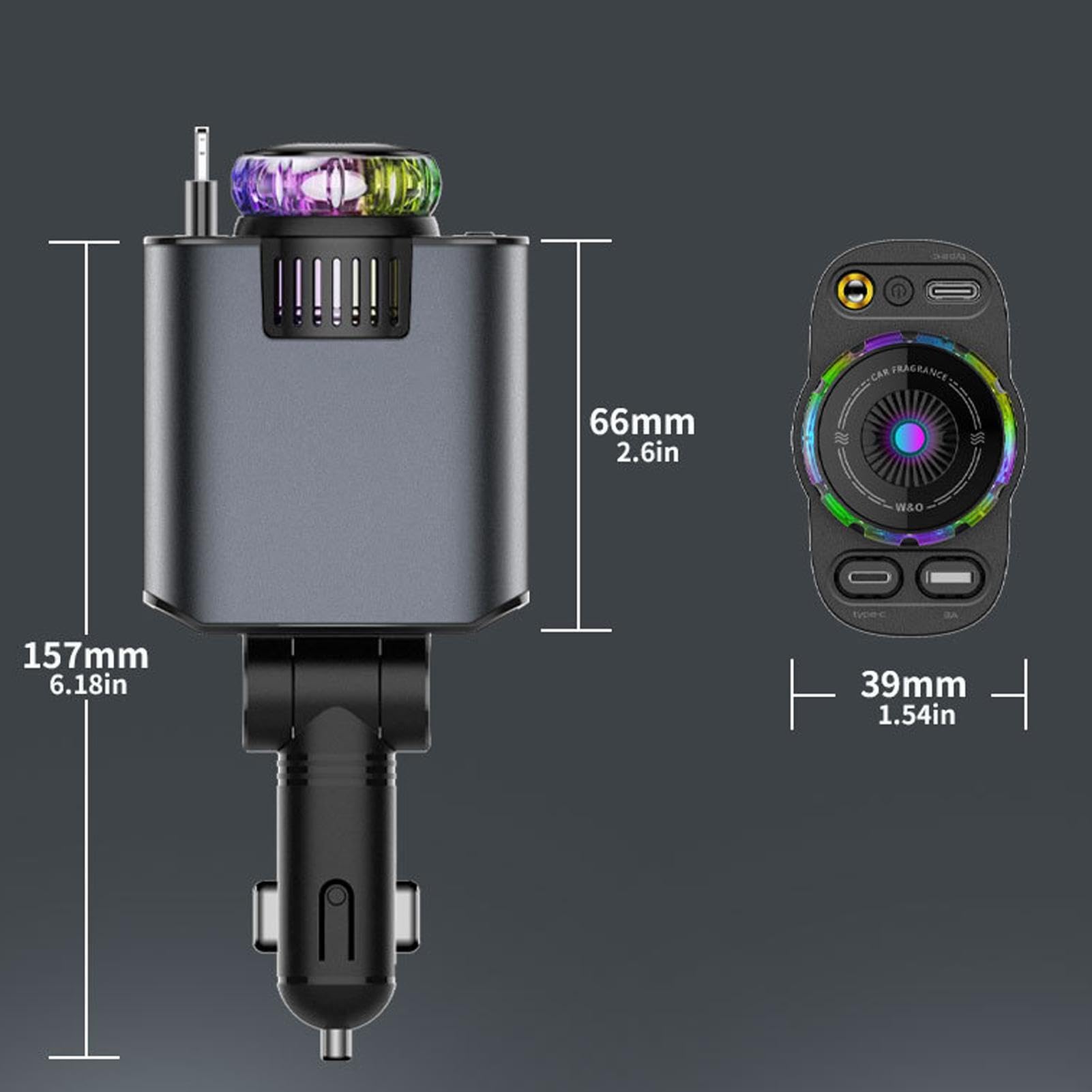 Cargador de coche retráctil 5 en 1 | ABS + metal, 66 W, 12-24 V | Carga por cable súper rápida con spray de aroma y proyección | Cargador de teléfono multifunción D1 para vehículo