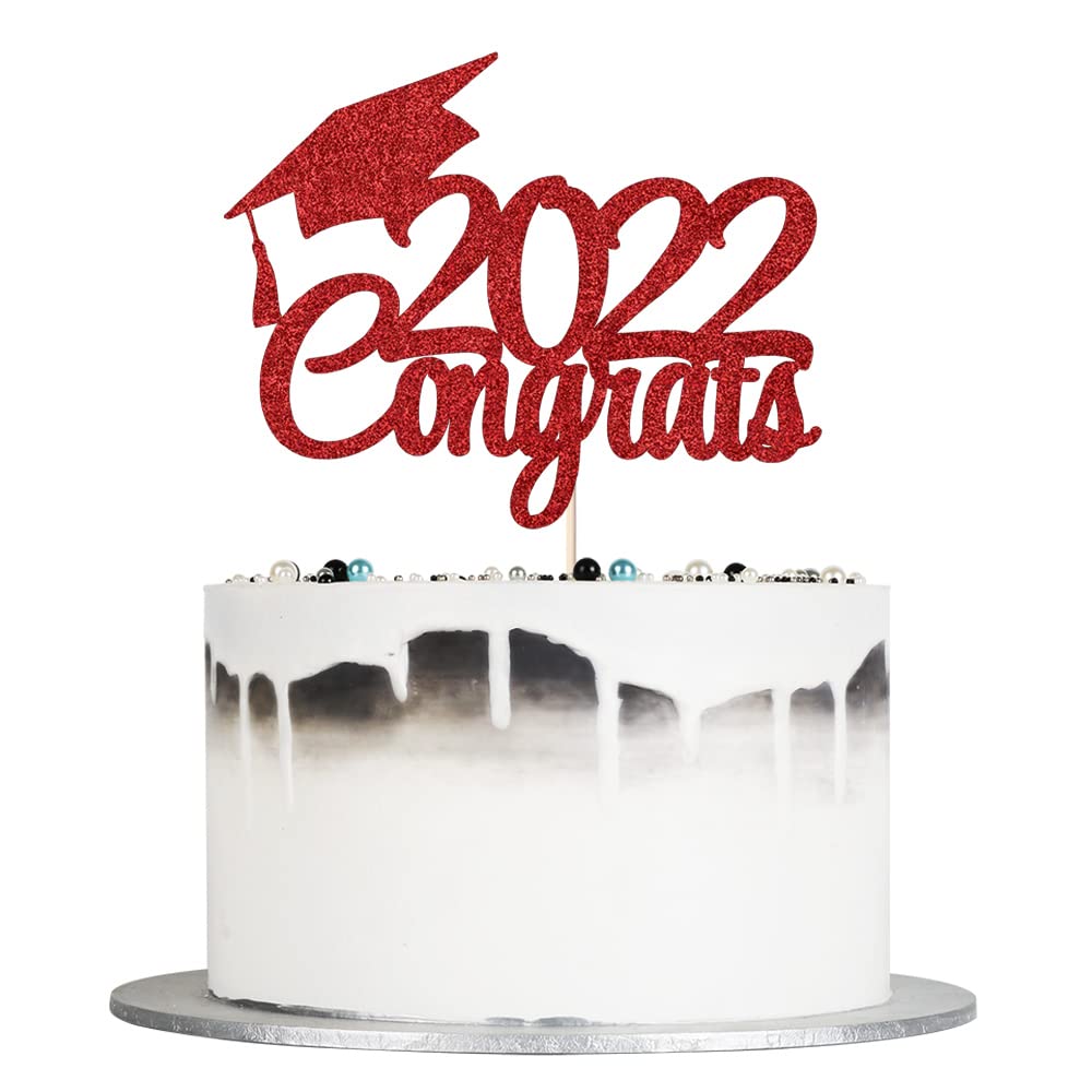 Photo 1 of Auteby Congrats 2022 Cake Topper, Graduation Party, Class of 2022, Glittery Graduation Party Decorations (red)