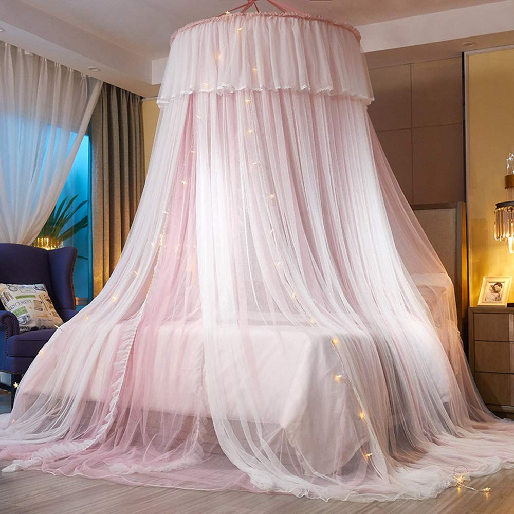 Mengersi Bed Canopy for Girls with Lights,Canopy Bed Curtains Bed Drapes-Double Layer Mesh Sheer Bed Netting Use to Cover, Round Lace Princess Mosquito Net Tent,Princess Bedroom Decor