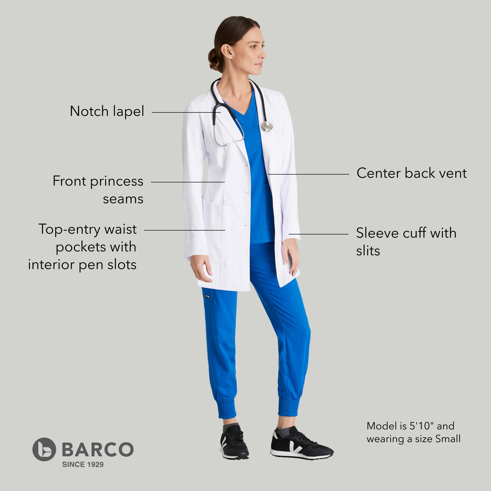 BARCO Merit - Abrigo de laboratorio para mujer, profesional, 3 bolsillos, cierre de 3 botones, manga larga, abrigo de laboratorio para mujer