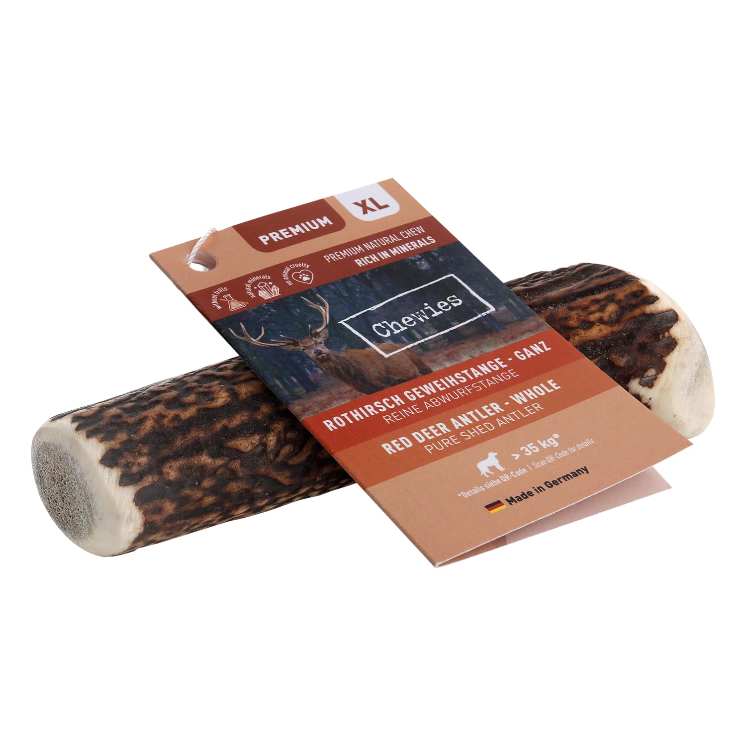 Chewies Kaugeweih für Hunde - ganze Stange - Abwurfstange vom Rothirsch - Hirschgeweih - natürlich unf mineralstoffreich, Größe XL, 60 g, 1 Stück (1er Pack)