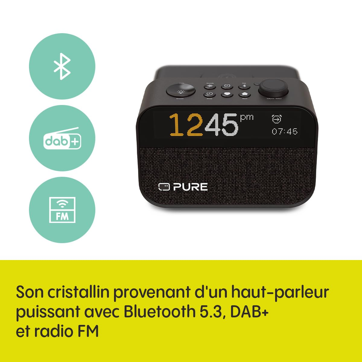 Pure Moment Charge Réveil sans Fil DAB+/FM Bluetooth Sons naturels Bruit Blanc Wake-up Light Noir