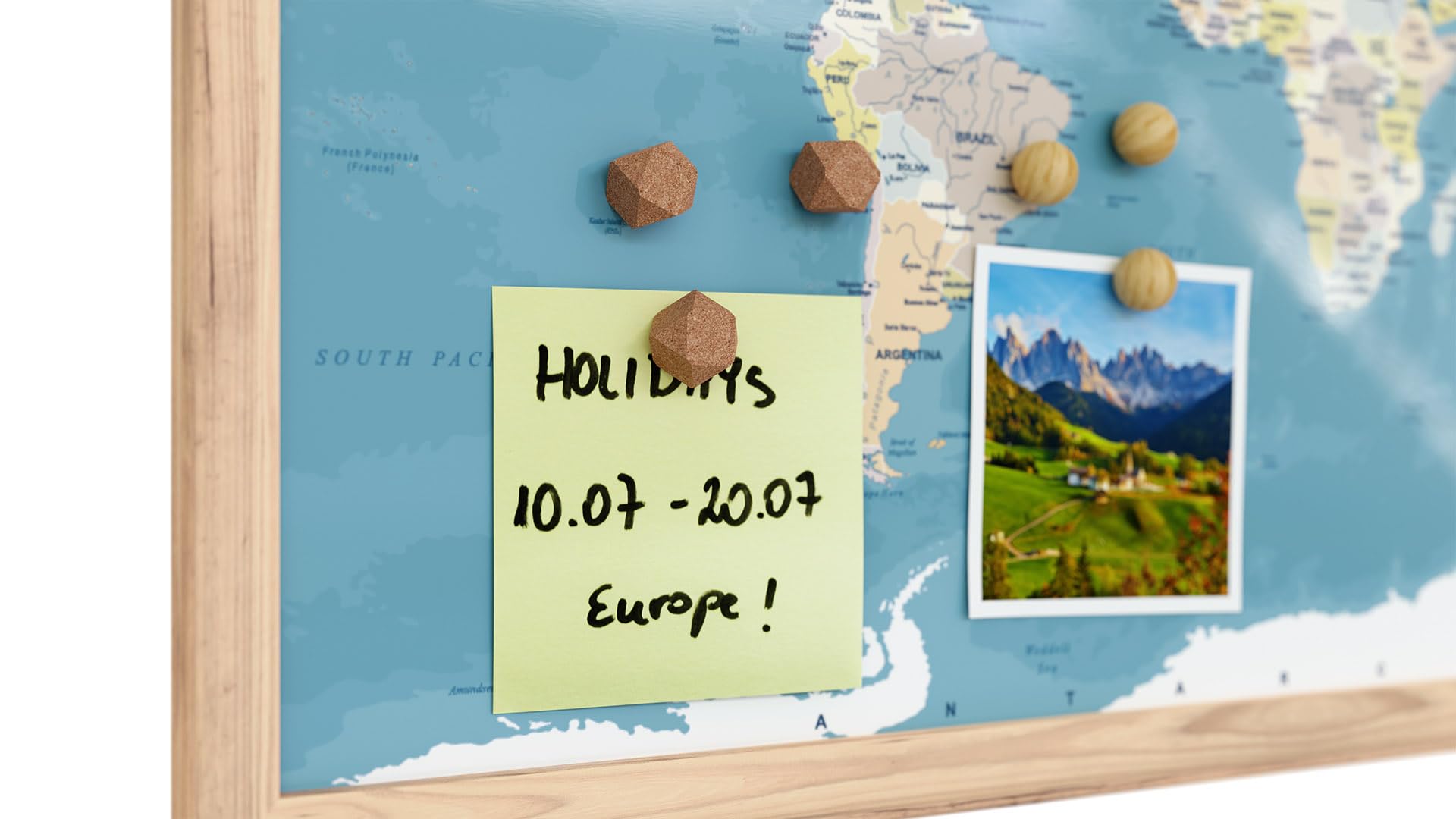 ALLboards Tableau magnétique image carte du monde couleurs pastels 60x40cm dans un cadre en bois naturel