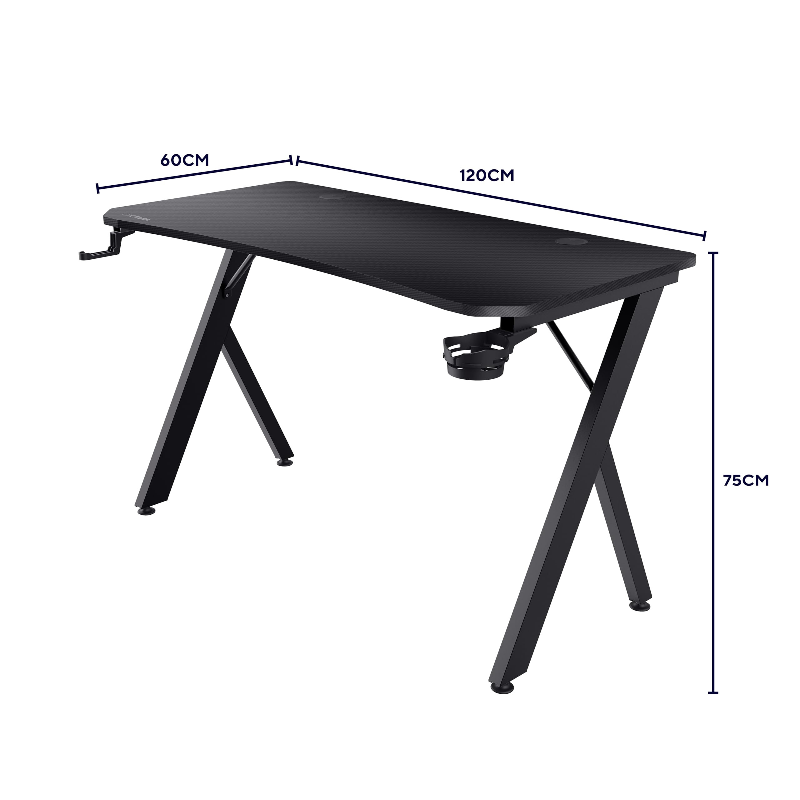 GXTrust Dynamus Scrivania 120 x 60 cm, Tavolo Gaming PC Computer, Nero | Supporto per Cuffie e Portabicchiere, Struttura in Metallo, Sistema di Estione dei Cavi