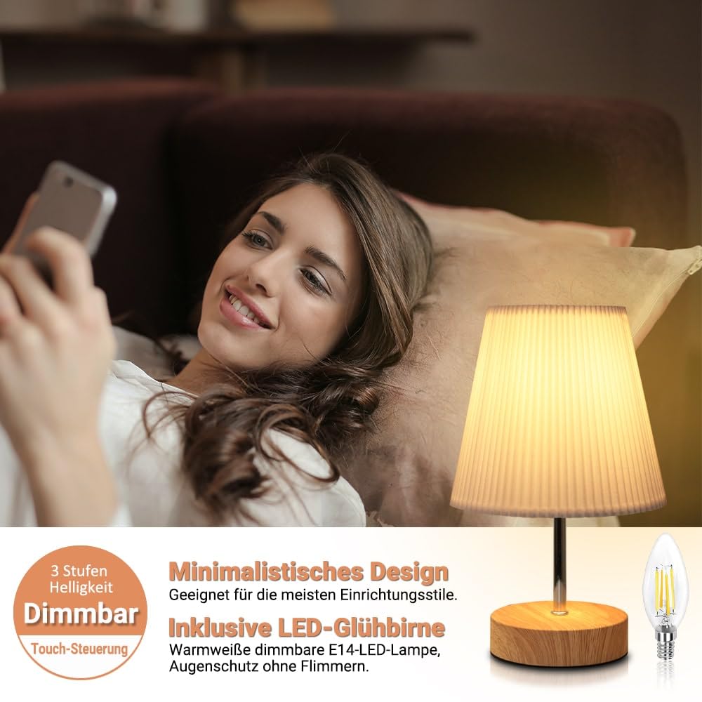 HSLighting Lampada da Comodino: Lampada da Tavolo Touch Dimmable Control Moderna Lampada da Tavolo a LED con Lampadine la Lettura Soggiorno Stanza dei Bambini Paralume in Tessuto per da Letto