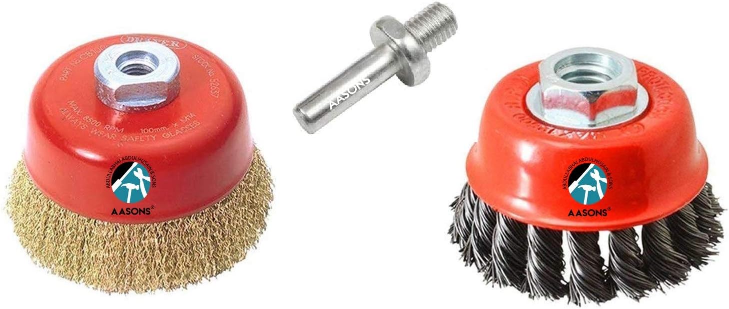 Twisted and Crimped 3" Cup Brush Set Combo for Removing Rust, Paint & Polishing can be Used with 4" Angle Grinder or Drill Machine with Adaptor
