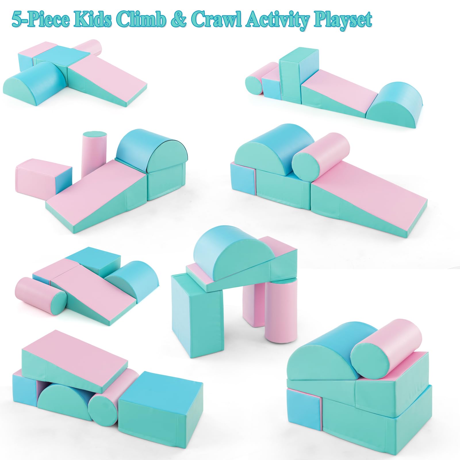 LIFEZEAL Set di 5 Blocchi Morbidi in Schiuma per Bambini 9-36 Mesi, Costruzioni, Libera Combinazione, Mattoni Cubi Componibile, Giocattolo Attività, con Scivolo, Arrampicata (verde+rosa)