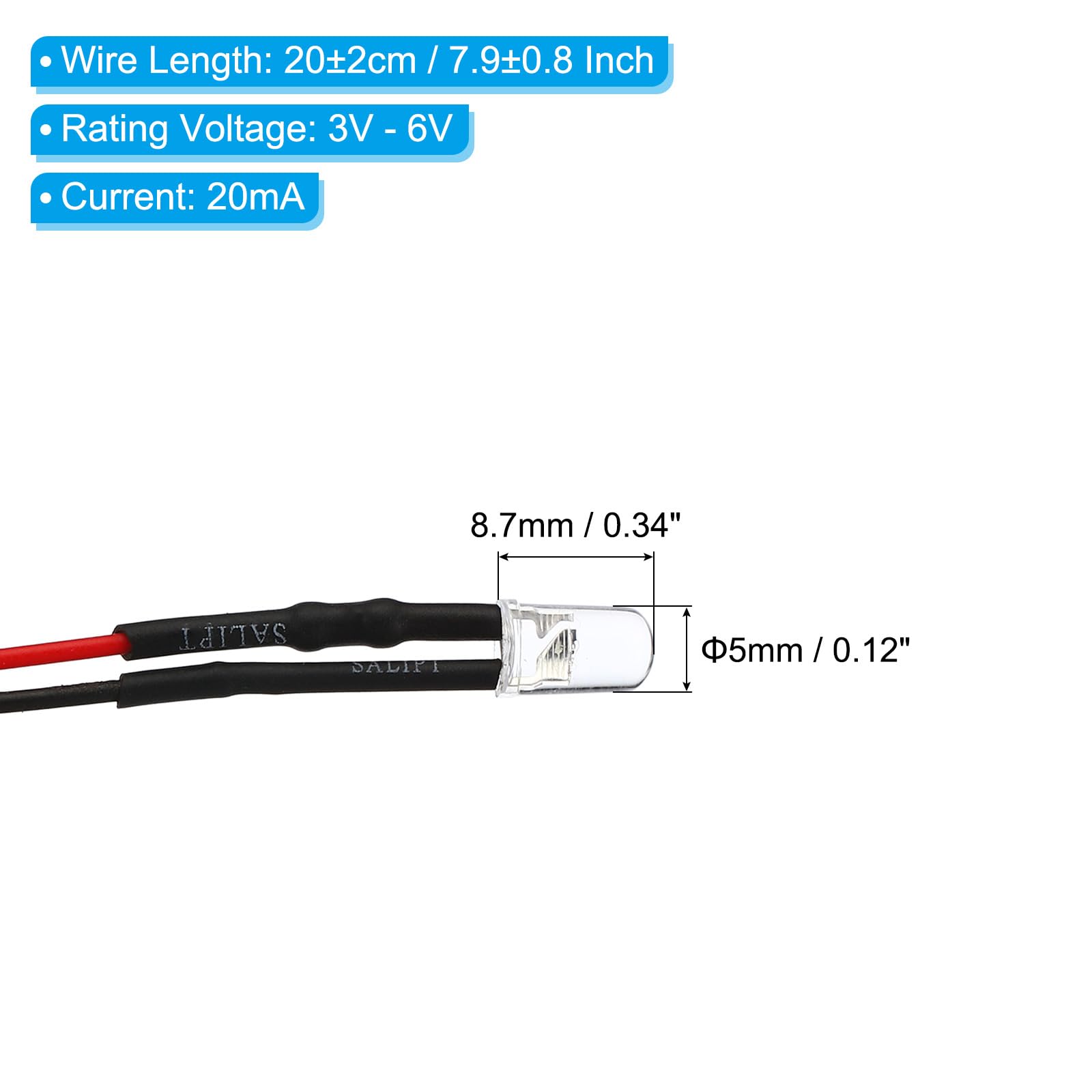 12 LED 5mm Pre-cablati Rosso – 3V-6V, Mini Lampadine Per Progetti Elettronici (uxcell)