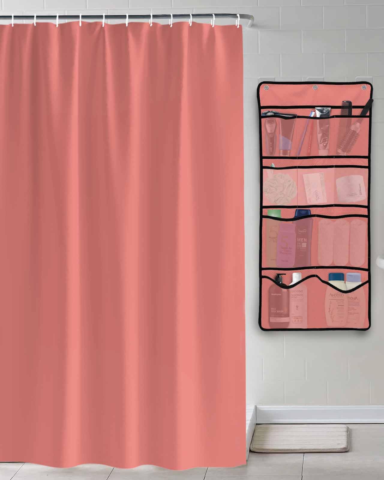 Shower Curtain Mesh Shower Organizer Hanging Set Peach Solid Waterproof Shower Curtains with 10 Pockets Quick Dry Shower