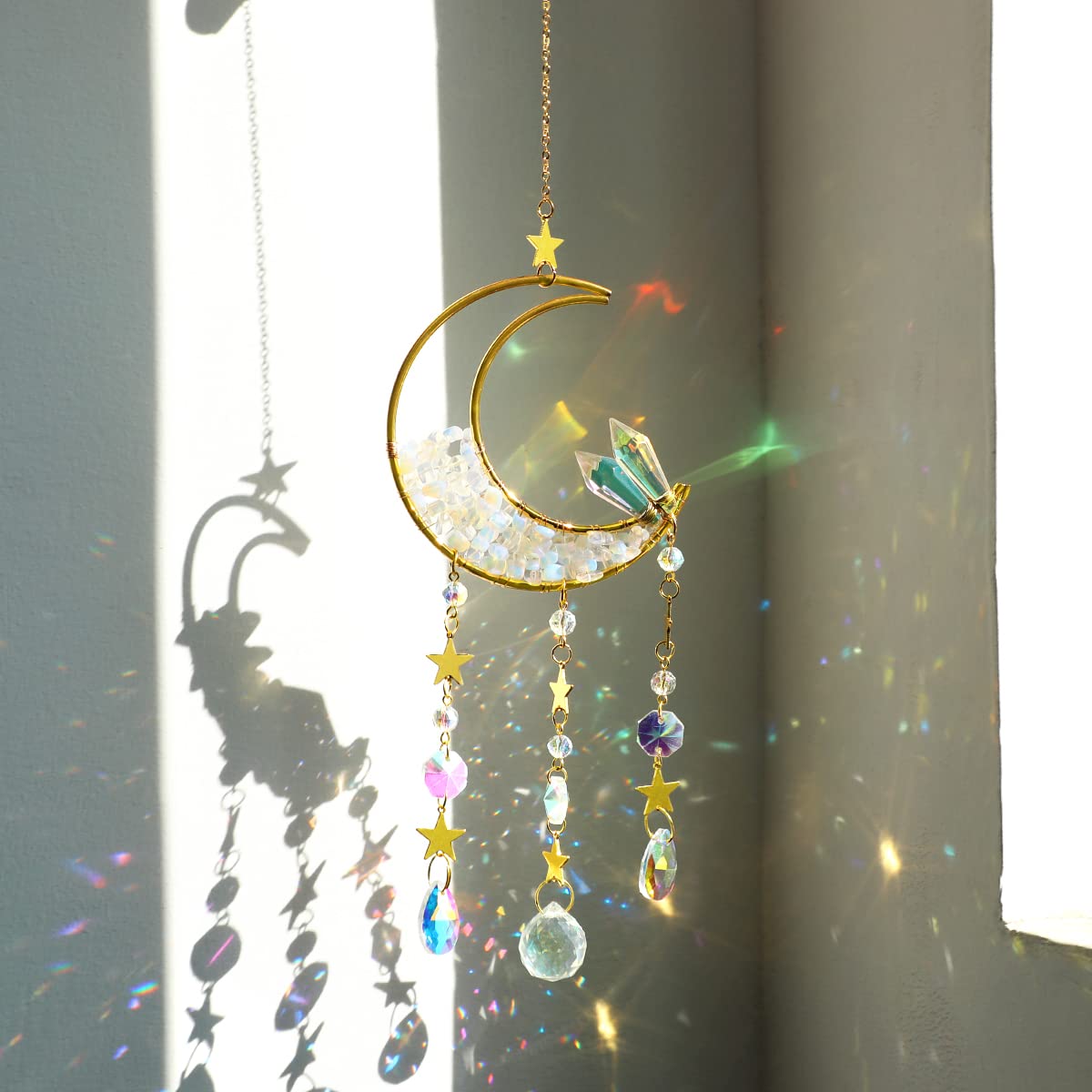 ArtiladyOpal Moon Crystal Suncacher - Sun Catchers Indoor Window Prism Moon Mini Dream Catcher Wind Chimes Crystals and Healing Stones Suncatcher Rainbow Maker Garden Tree Decorations Outdoor