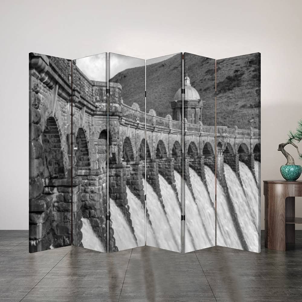6 Panel Office Folding Screen Decorative Black and White Criag Goch Dam Wall in Elan Valley Canvas Privacy Partition Room Divider Wall Divider for Home Office Bathroom