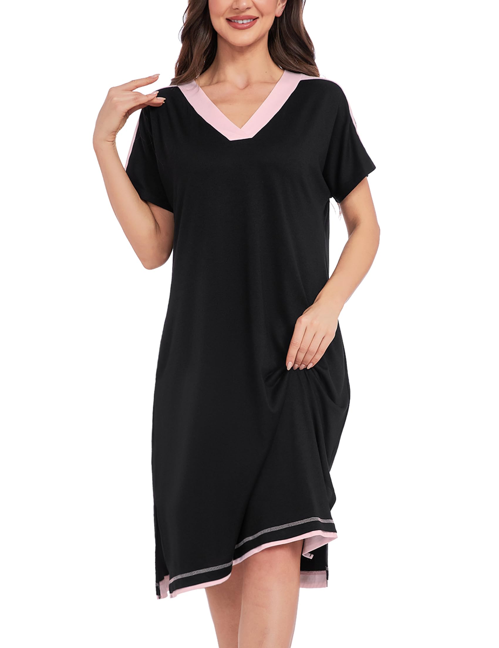 iClosam Camisones de Mujer Manga Corta Cuello en V Camisón con Bolsillos Vestido Elegante Ropa de Dormir Suave y Cómodo S-XXL