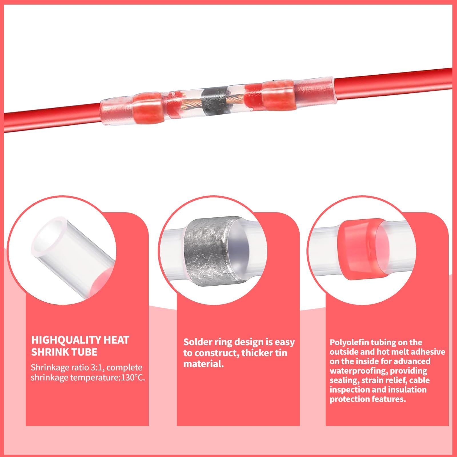 Hotop 150 stuks lasafdichtingen, krimpdraadverbinder, 22-18 AWG, rood, waterdicht, elektrisch geïsoleerd, draadklemmen voor auto, marine, boot ( rood, 22-18 AWG
