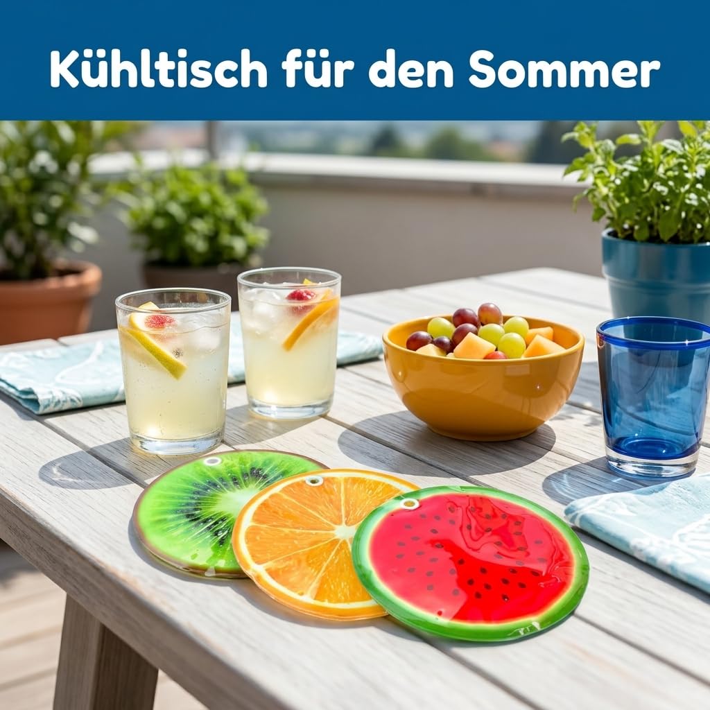 MIJOMA Set di 3 cuscinetti refrigeranti con stampa di frutta, Ø 16 cm, perfetti per l'estate, barbecue, picnic e bomboniere, plastica alimentare