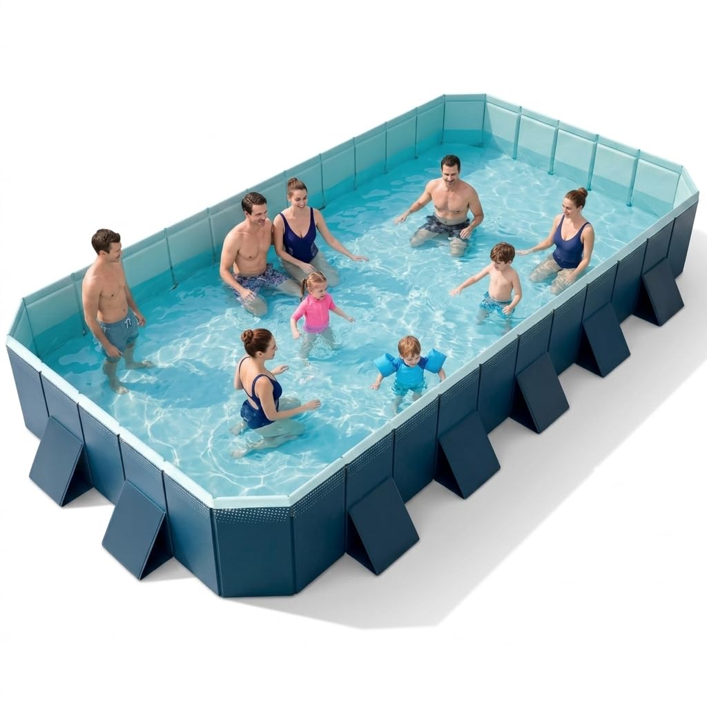 Photo 1 of Nuwani 13 Ft Foldable Non-Inflatable Above Ground Swimming Pool - Rectangular Hard Plastic with Wood Frame, 160x94x20 in Outdoor Backyard Pool for Family, Kids, Pets