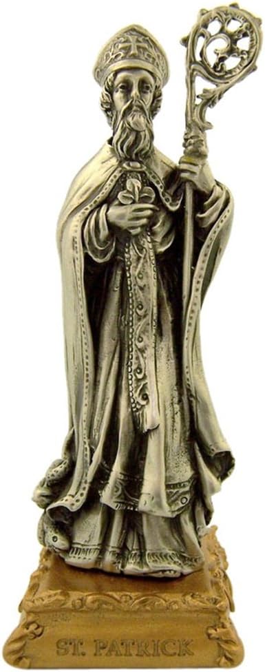 The Michelangelo Liturgical Sculpture Collection Estatua de estatua de San Patricio de peltre sobre base dorada, 4 12 pulgadas