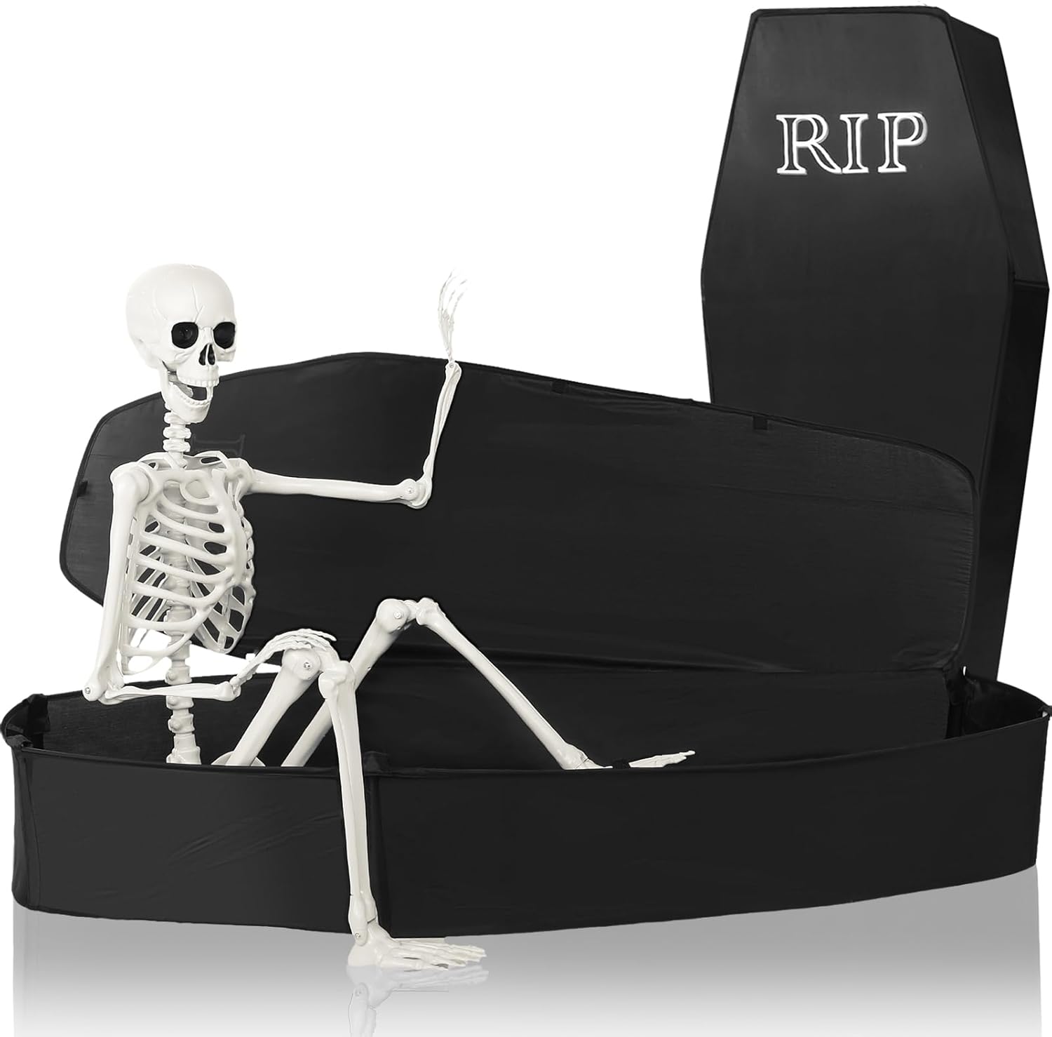 Halloween Coffin with Skeleton Set Pop up Coffin Life Size Collapsible Scary Prop Really Size Human Bones 65" Skeleton for Graveyard Halloween Cemetery Outdoor Decoration(Black,Lifelike) Black Lifelike