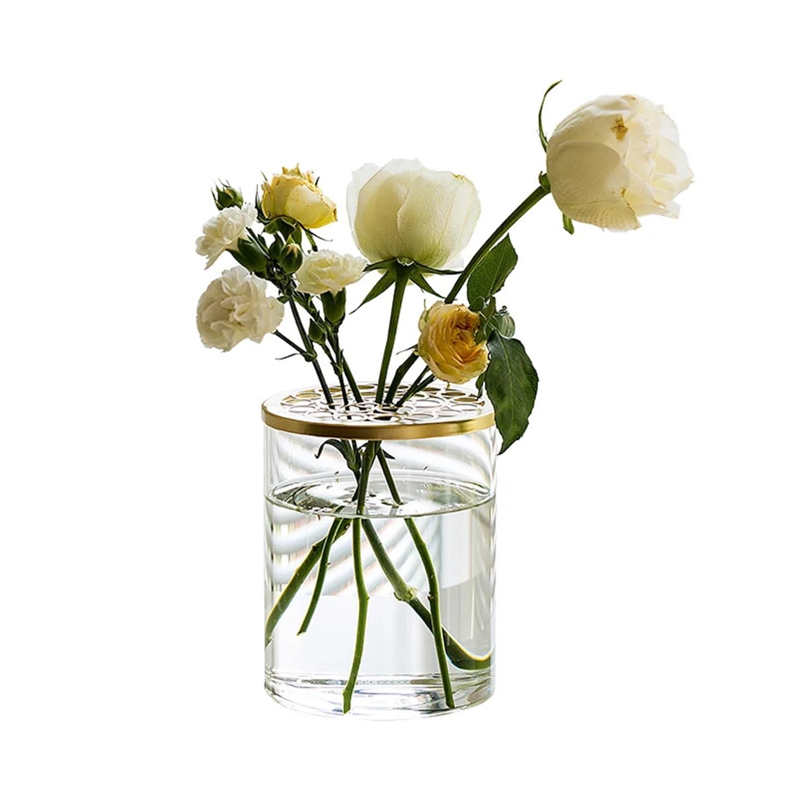Vase Hydroponique Verre Couverture de Grille en Verre Transparent Simple, Vase Fleurs, décoration Salon, Fixation Plantes hydroponiques(12 * 15 Vase+Round Hole Cover)