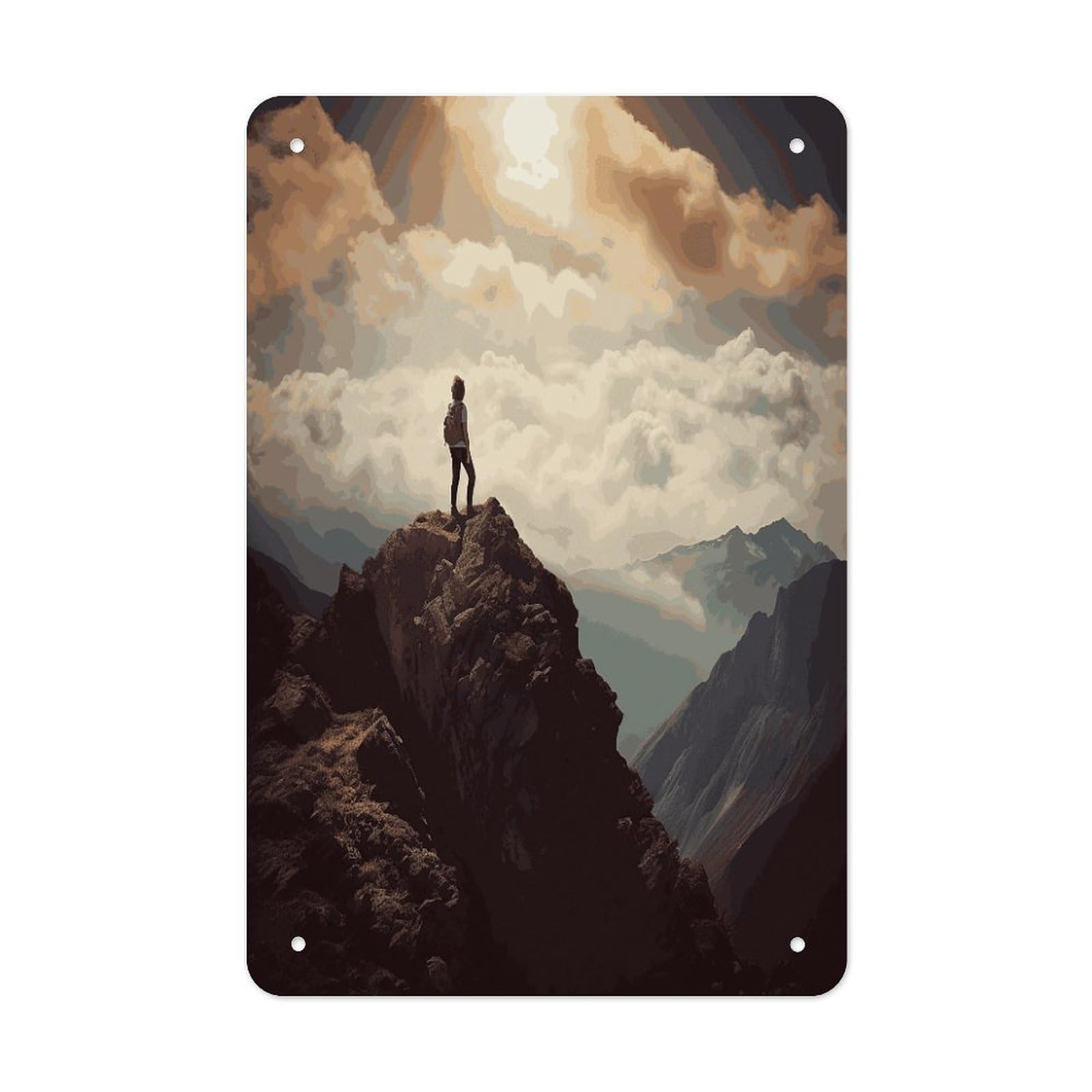 LDGSUPH Woman on A Top Mountain Wall Art Prints Folded Edge Iron Sheet Painting with Holes for Wall Prints Decorative Picture Metal Signboard Decor Painting for Outdoor Indoor Wall Decor