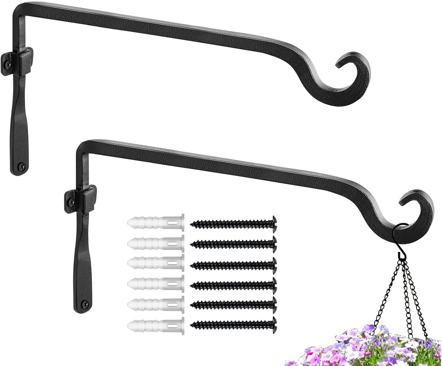BOLITE 12 Inch Hanging Plant Brackets, Rustic Plant Hanger, Decorative Plant Hook for Bird Feeders, Planters, Lanterns, Wind Chimes, Indoor & Outdoor, 2 Pack, Black