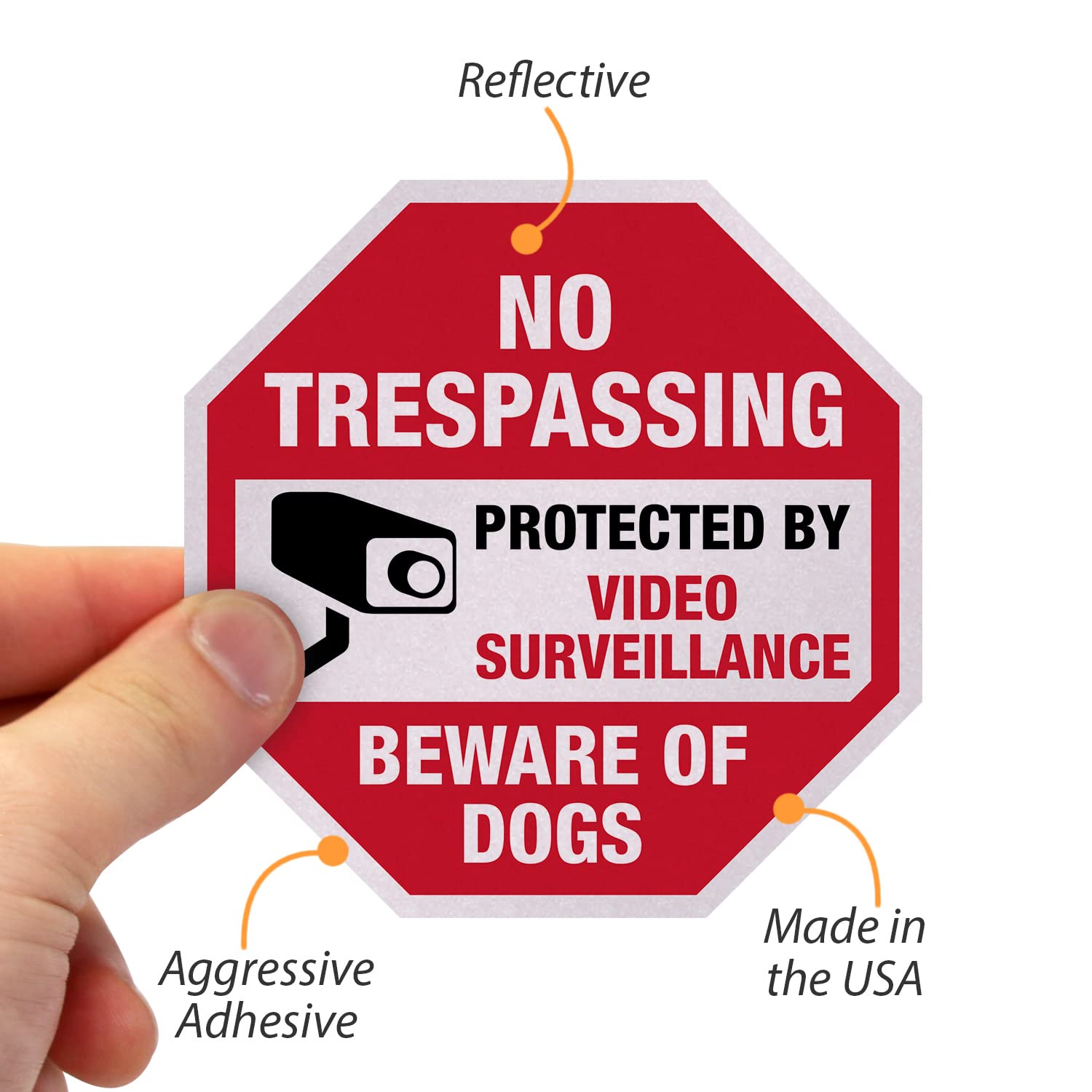 SmartSign No Trespassing - Beware of Dogs, zestaw naklejek do monitoringu wideo | dwie 10 cm x 10 cm i jedna 7 cm x 7 cm odblaskowa naklejka samoprzylepna