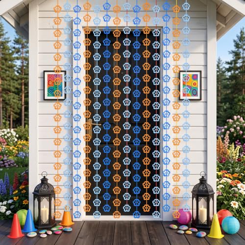 Image of TONIFUL 2Pcs Blue Orange Paw Cutouts Metallic Tinsel Foil Fringe Curtains