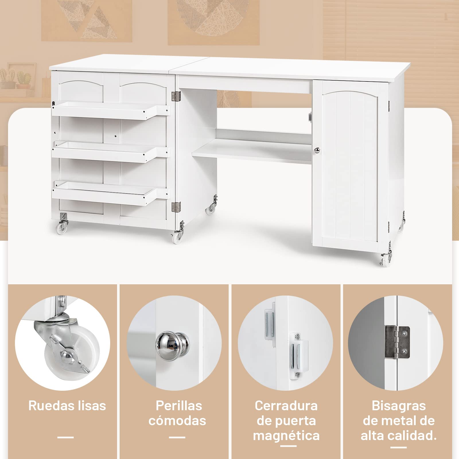 COSTWAY Mesa Plegable de Costura, Mesa versátil abatible para Manualidades con Superficie Amplia repisas y Armario con Puerta, Ruedas bloqueables (Blanco Grande)