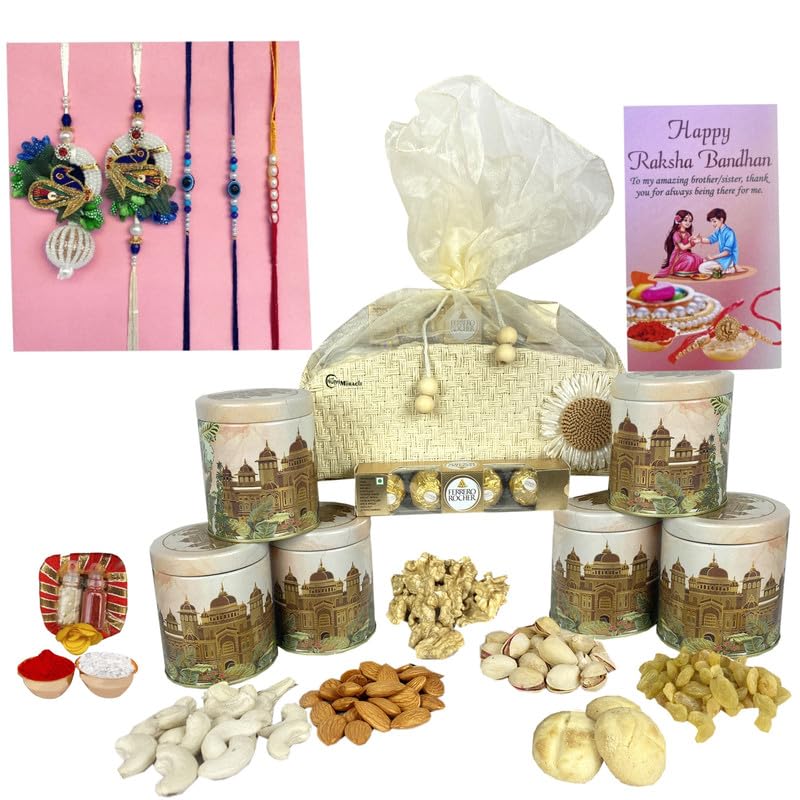 Image of NUTRI MIRACLE Rakhi Gift of Cashews, Raisins, and Chocolate Squares | Retirement Gift Pack of Healthy Dry Fruits and Bars