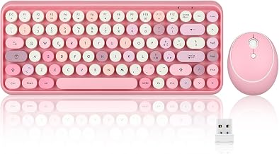Perixx PERIDUO-713 Wireless Keyboard and Mouse, Round Keys, Retro Typewriter Design, Multimedia Keys, Cute Pink Color, Italian QWERTY