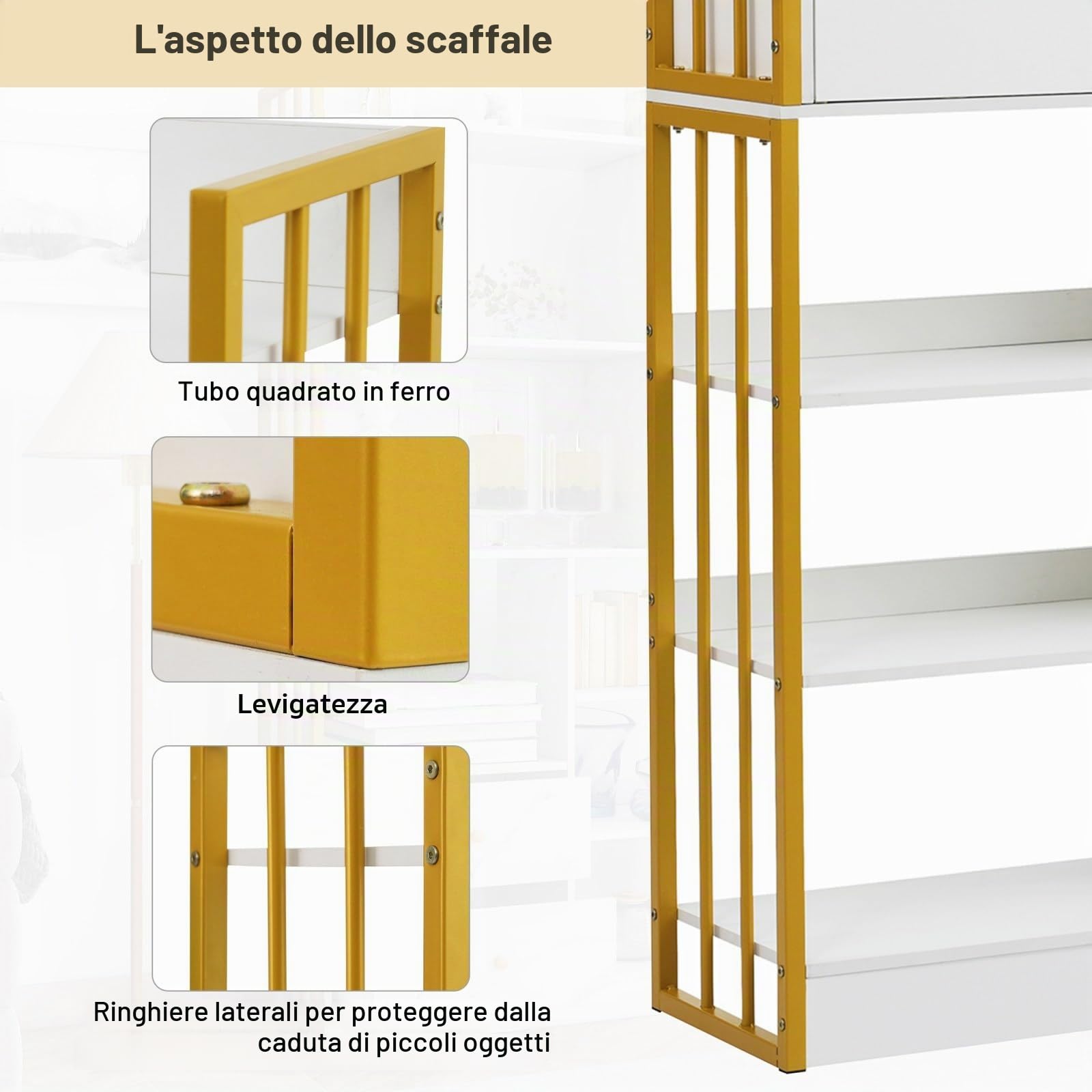 KOMHTOM Libreria con 1 anta e 2 cassetti, libreria, mobile di stoccaggio, scaffali per soggiorno, camera da letto, balcone, cucina (oro+bianco)