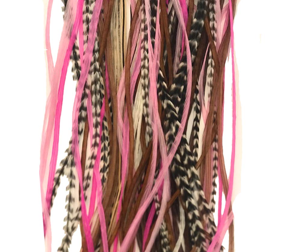 100% Real Rooster Feathers, Long Pink, Purple, Grizzly Colors, 20 Feathers with 20 Silicone Microlinks and loop tool