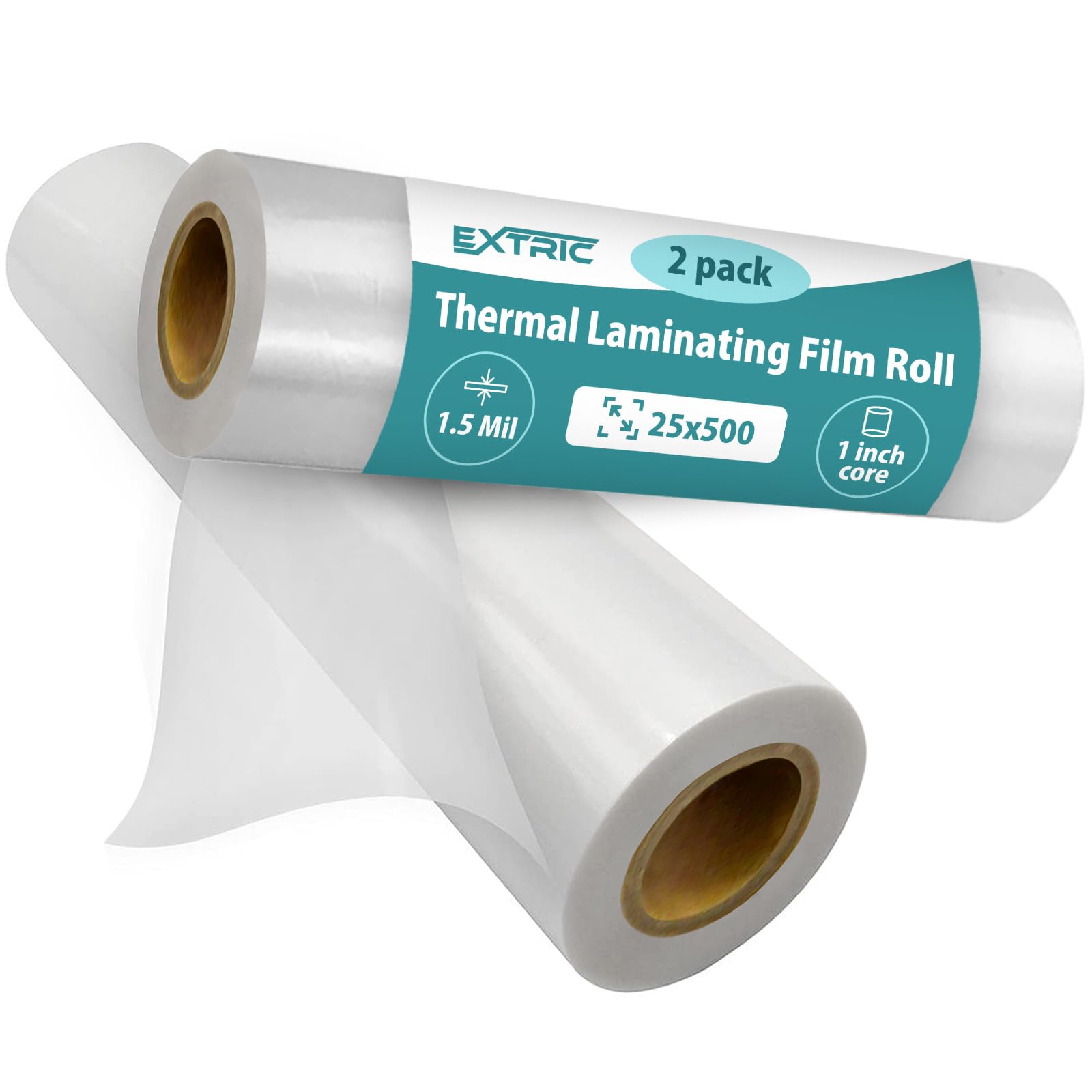 EXTRIC Thermal Laminating Film Roll 2 Pack Easy-Load Design - 25"x500" Glossy 1.5 Mil, 1" Core Professional Grade Lamination for Schools, Offices and Print Shops